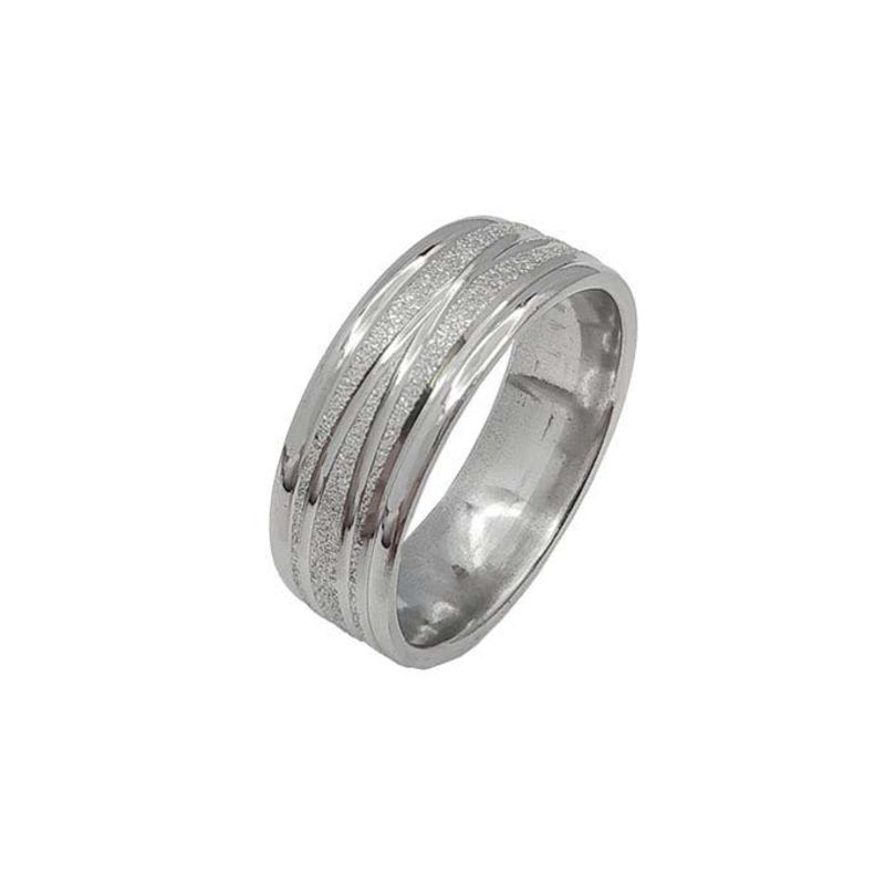 ANEL ALIANÇA AÇO INOX ANATÔMICA ABAULADA 8MM C/ JATEADO BRILHANTE E 2 FIOS LISOS CRUZADOS - Número 28/29