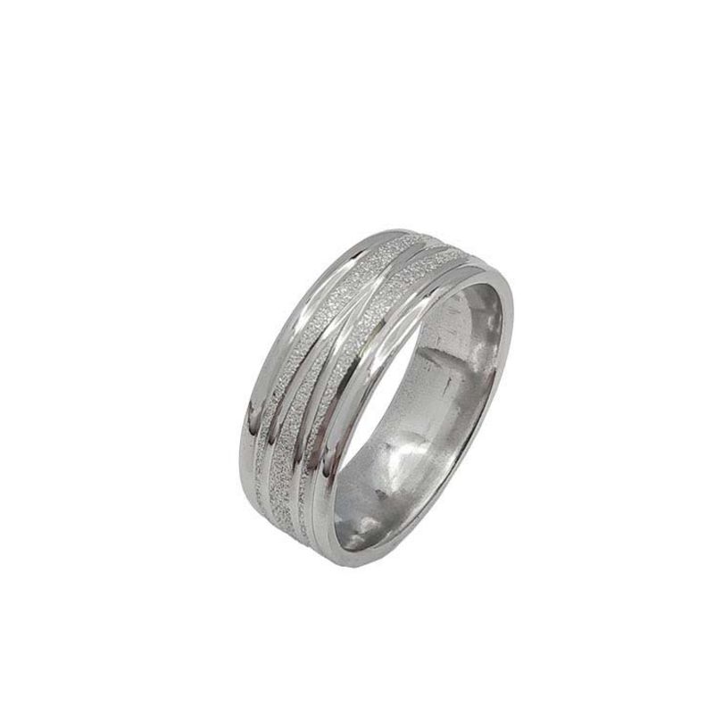 ANEL ALIANÇA AÇO INOX ANATÔMICA ABAULADA 8MM C/ JATEADO BRILHANTE E 2 FIOS LISOS CRUZADOS - Número 18/19