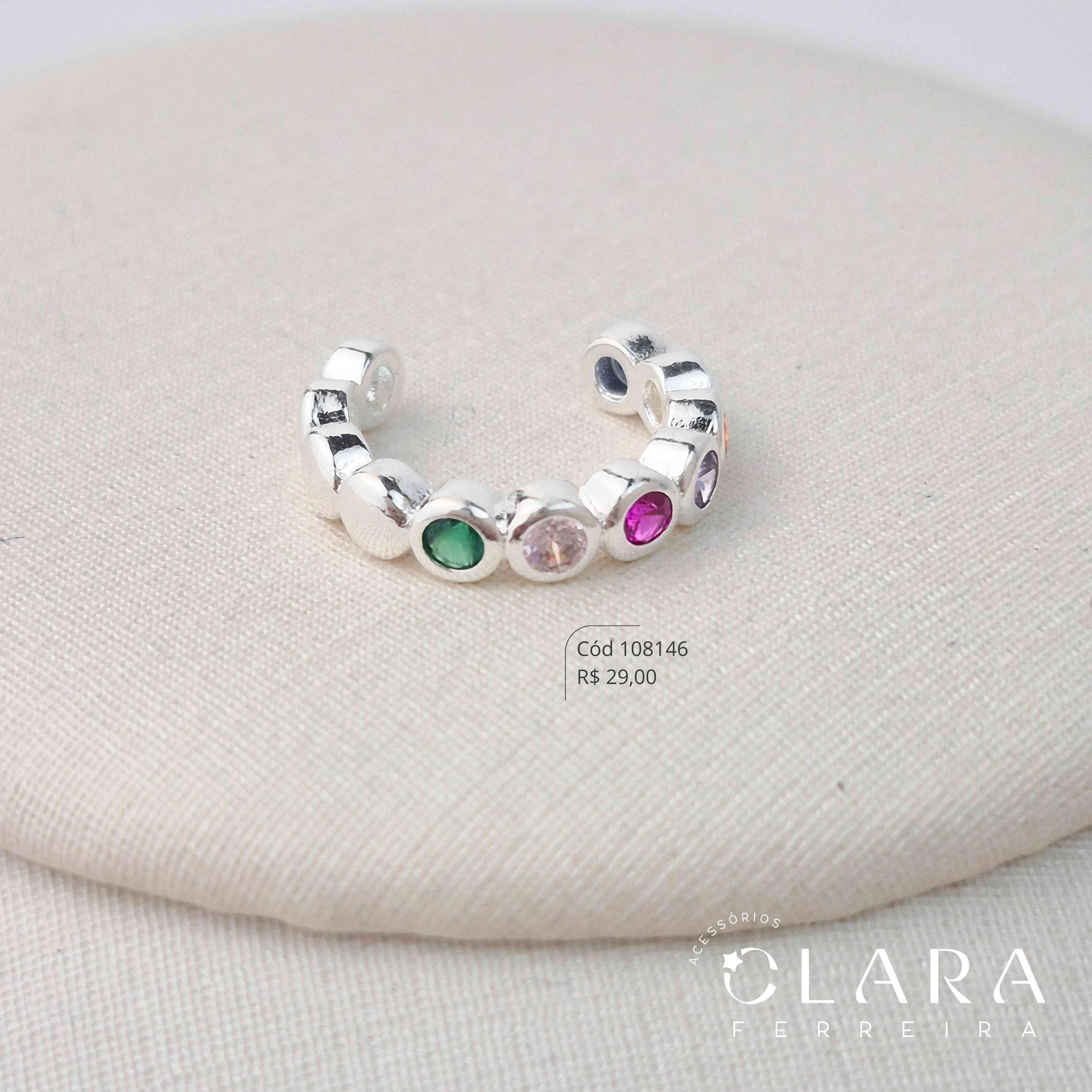 BRINCO PIERCING FAKE 7 ZIRCONIAS REDONDAS  COLORIDAS  - Banho de Prata