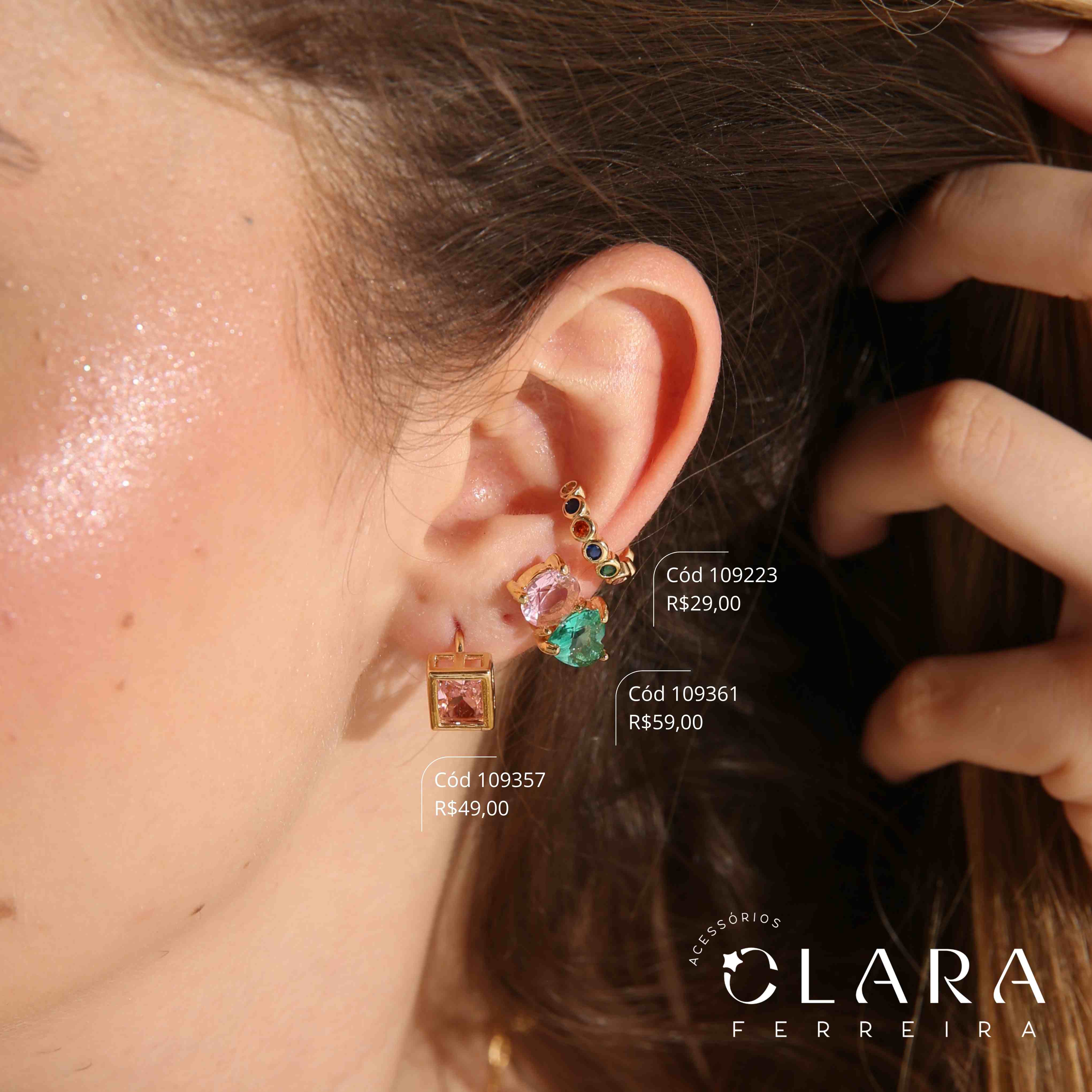 BRINCO PIERCING FAKE 7 ZIRCONIAS REDONDAS COLORIDAS - Dourado