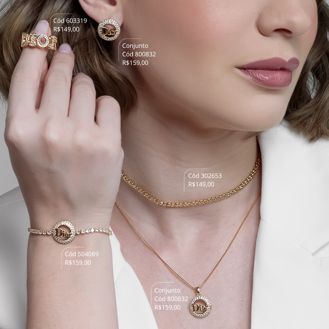 ANEL 2 FIOS CORRENTE INSPIRAÇÃO DIOR MICROZIRCONIAS - Dourado