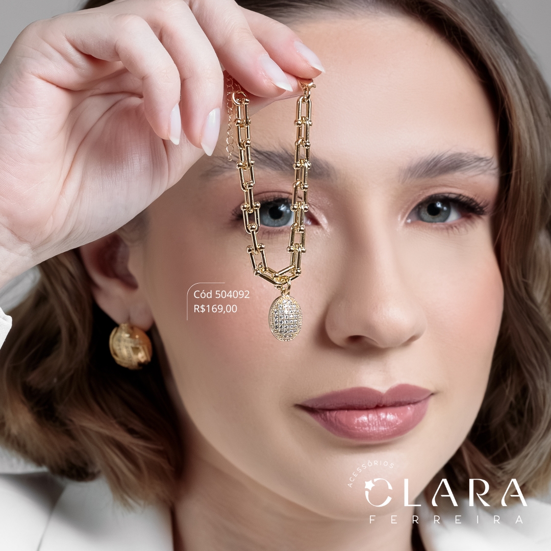 PULSEIRA ELOS TIFFANYS C/ PINGENTE CHUVEIRINHO OVAL MICROZIRCONIAS PENDURADO - 15MM - 17CM - Dourado