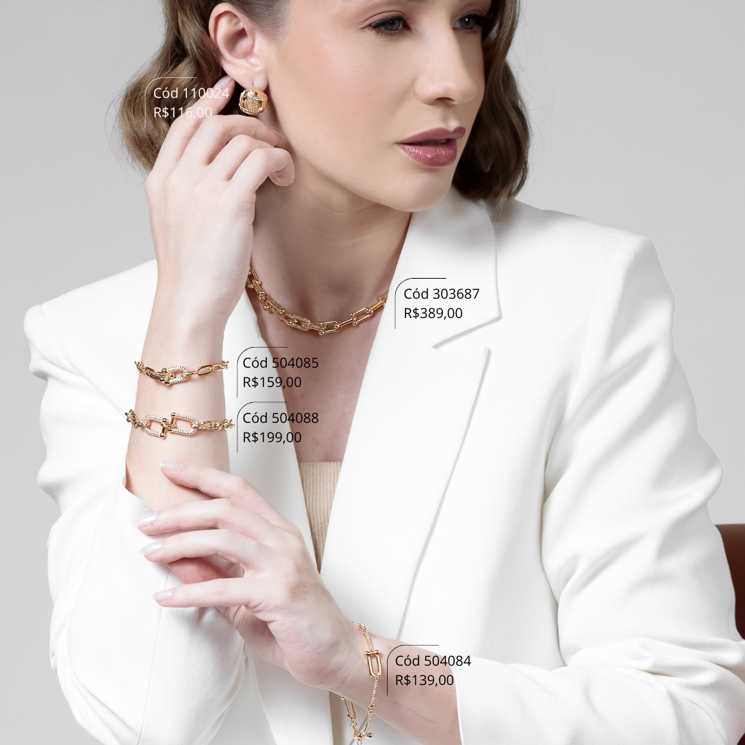 PULSEIRA ELO PORTUGUES C/ 2 ELOS TIFFANYS COM 2 FILEIRAS MICROZIRCÔNIAS INSPIRAÇÃO TIFFANY - 17CM - Dourado