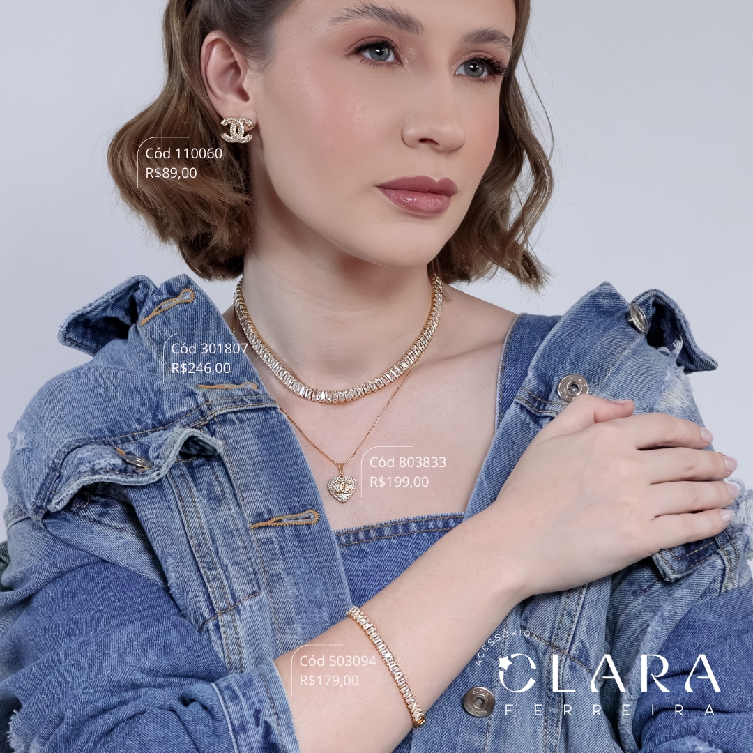 CONJUNTO VENEZIANA C/ PINGENTE E BRINCO CORAÇÃO MICROZIRCÔNIAS CHANEL  - 15MM - 45CM - Dourado