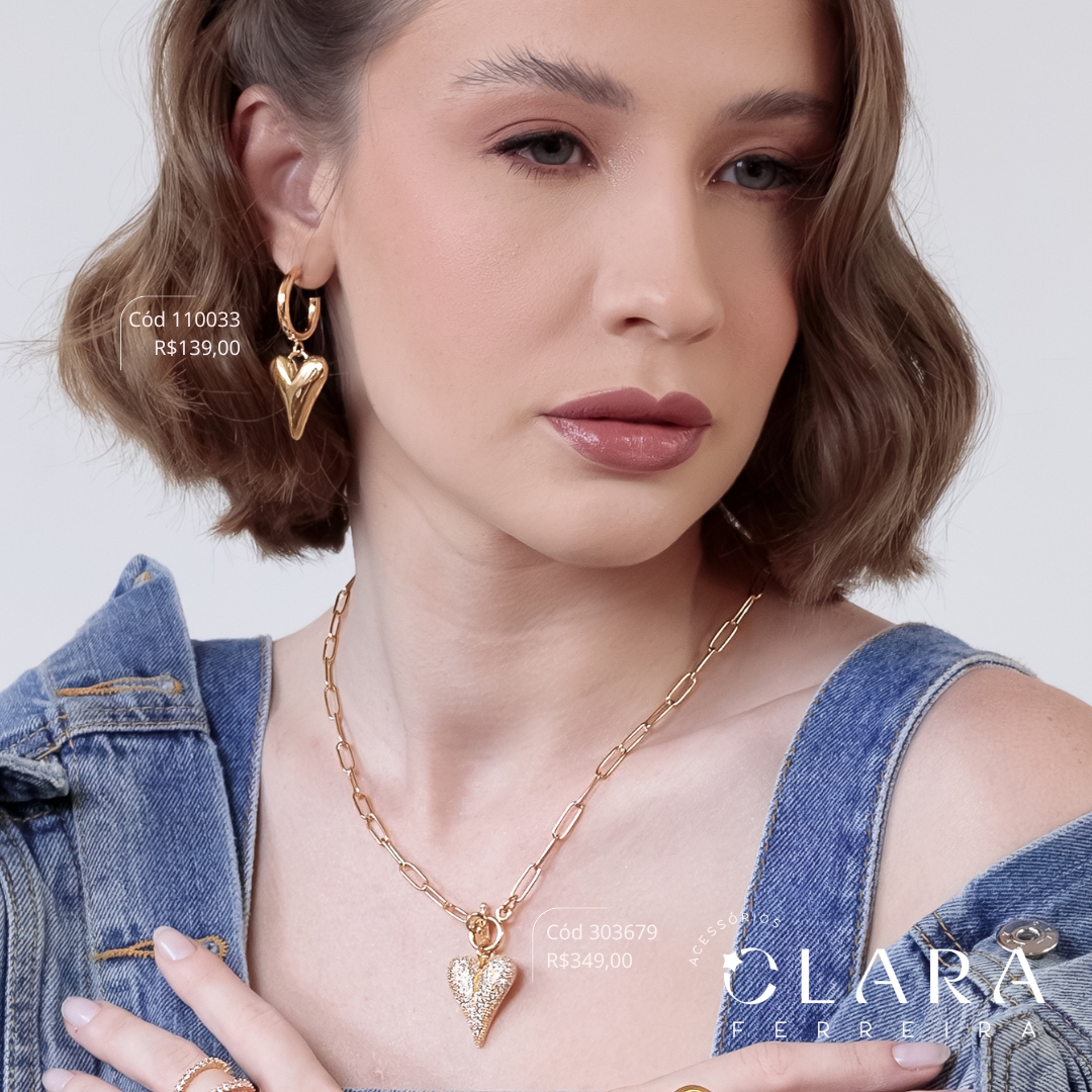 COLAR ELOS CARTIER C/ PINGENTE CORAÇÃO MICROZIRCÔNIAS  - 25MM - 45CM - Dourado