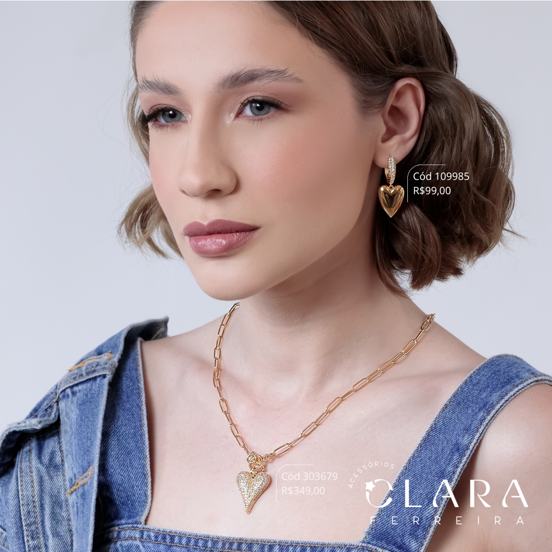 COLAR ELOS CARTIER C/ PINGENTE CORAÇÃO MICROZIRCÔNIAS  - 25MM - 45CM - Dourado