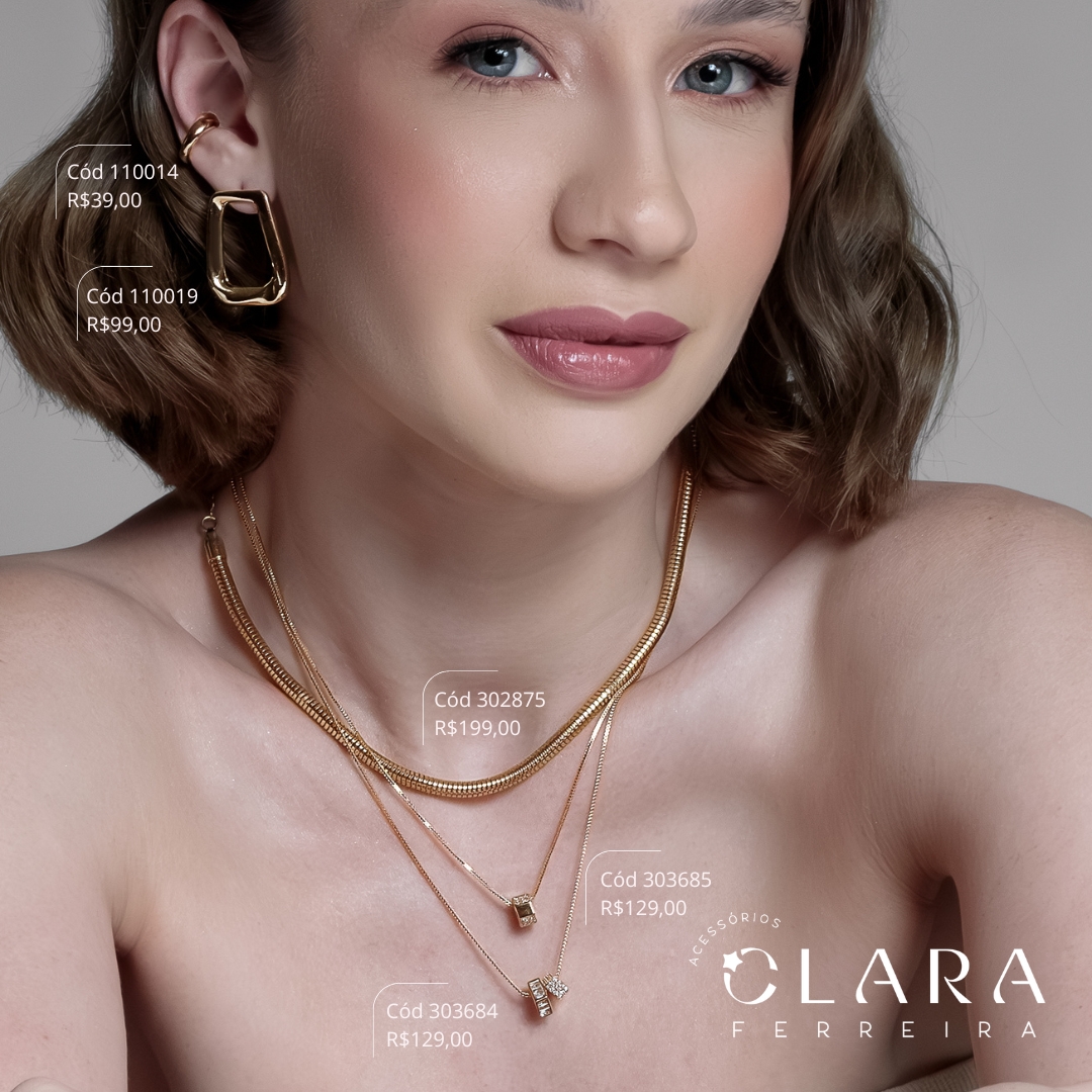 COLAR VENEZIANA C/ 2 PINGENTES AROS QUADRADOS 1 MICROZIRCÔNIAS E 1 MICROZIRCÔNIAS BAGUETE - 6 E 7MM - 45CM - Dourado