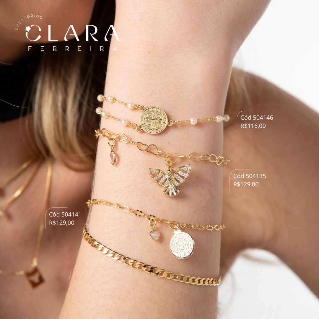 PULSEIRA ESTILO TERÇO ELOS C/ PEROLAS E MEDALHA REDONDA SÃO BENTO LISA - 12MM - 17CM - Dourado - LIMITADA