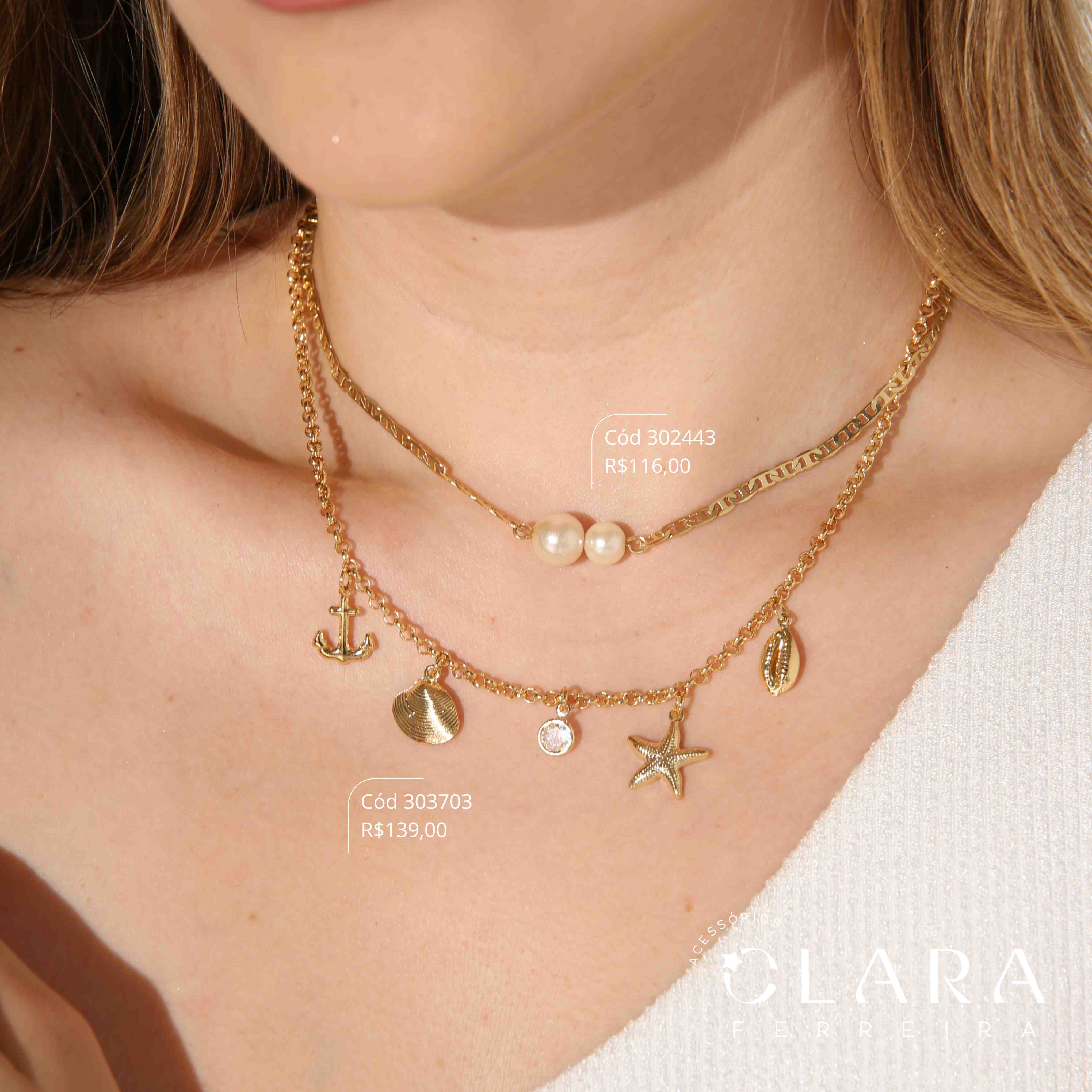 COLAR CHOKER ELO PORTUGUÊS C/ 1 ANCORA 14MM, 1 ESTRELA DO MAR 14MM, 1 TIFFANY REDONDA 6MM, 1 CONCHA 12MM E 1 BUSIOS 10MM PENDURADOS - 40CM - Dourado