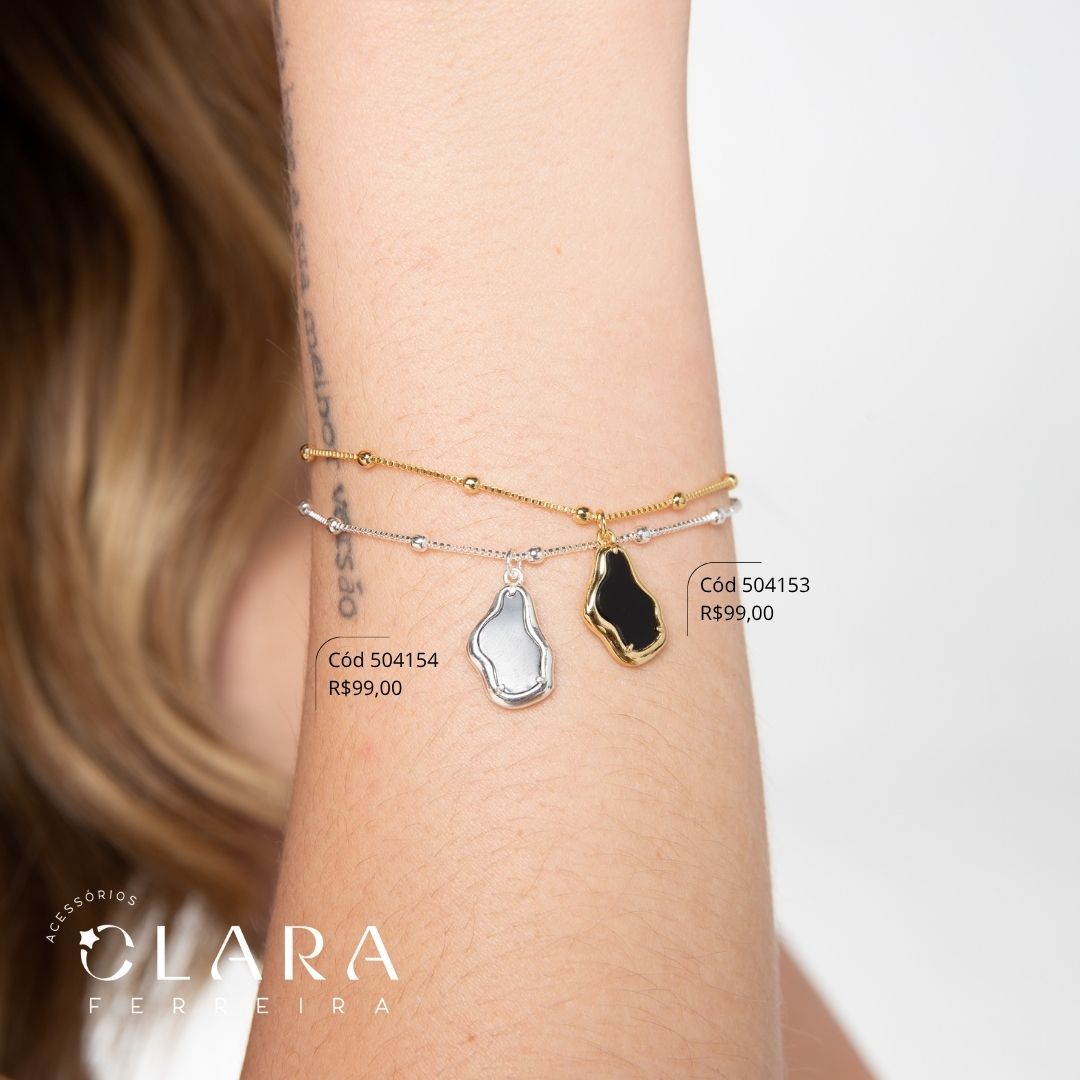 PULSEIRA VENEZIANA C/ BOLINHAS COM PINGENTE CRISTAL PRETO CAIXA FUNDIDA PENDUTADO - 15MM - 17CM - Dourado