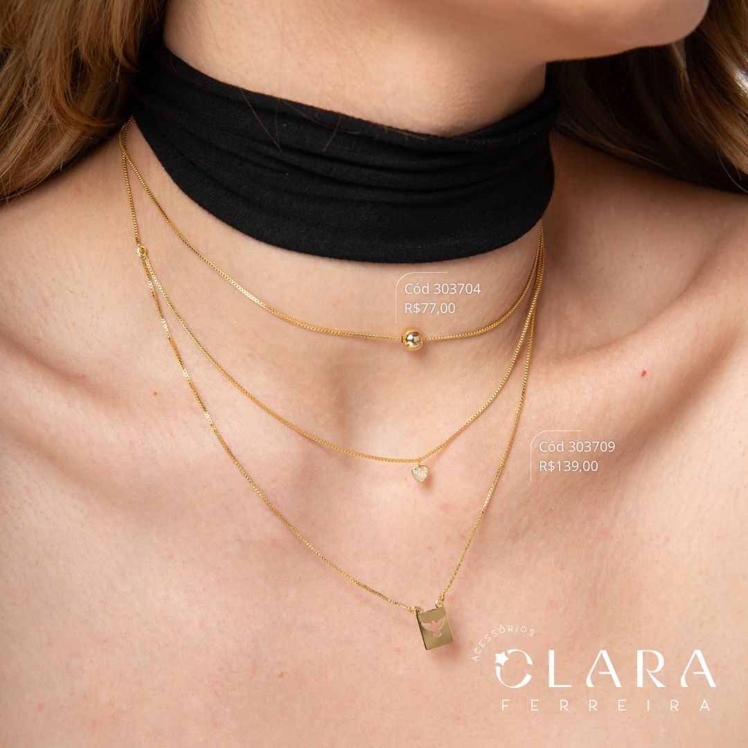 COLAR VENEZIANA C/ MEIO DUPLO COM 1 TIFFANY CORAÇÃO 5MM E 1 MEDALHA QUADRADA COM ESPIRITO SANTO VAZADO 11MM - 45CM - Dourado - PEÇA VENDIDA