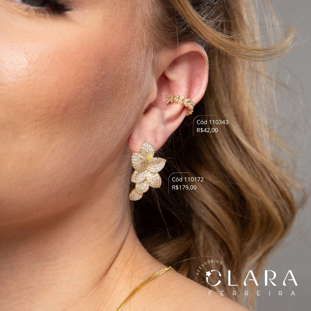 BRINCO EAR CUFF FOLHAS MICROZIRCÔNIAS - 34MM - Dourado - PEÇA VENDIDA