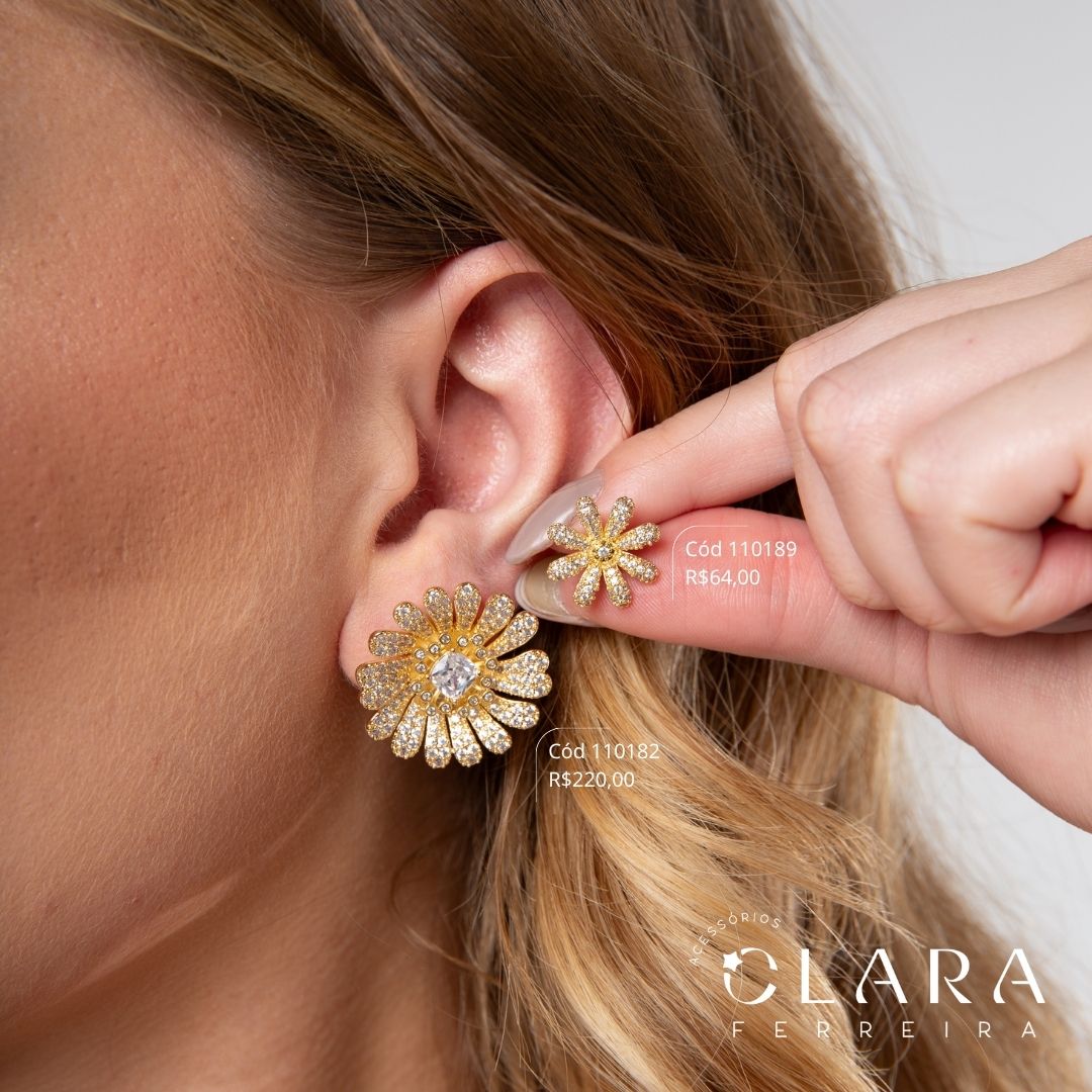 BRINCO FLOR 8 PÉTALAS MICROZIRCÔNIAS - 16MM - Dourado - PEÇA LIMITADA