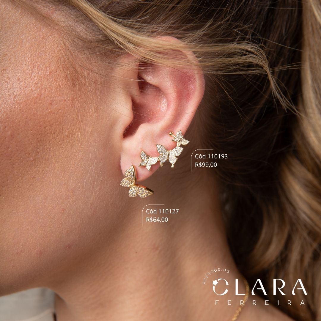 BRINCO EAR CUFF 3 BORBOLETAS MICROZIRCÔNIAS - Dourado - LIMITADA