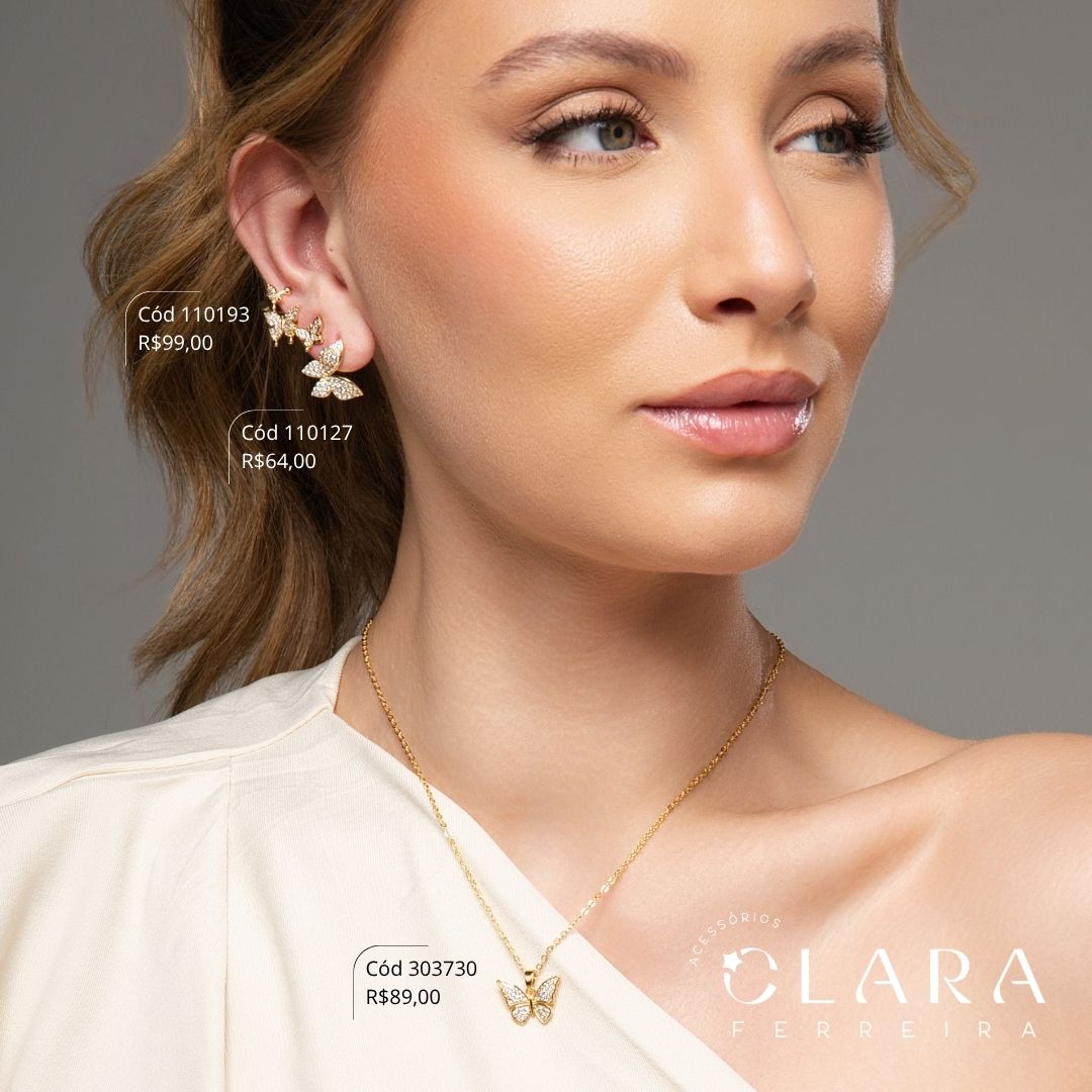 BRINCO EAR CUFF 3 BORBOLETAS MICROZIRCÔNIAS - Dourado - LIMITADA