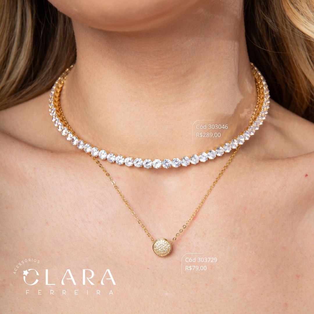 COLAR ELOS C/ PINGENTE CHUVEIRINHO REDONDO MICROZIRCÔNIAS - EDIÇÃO LIMITADA - 10MM - 45CM - Dourado