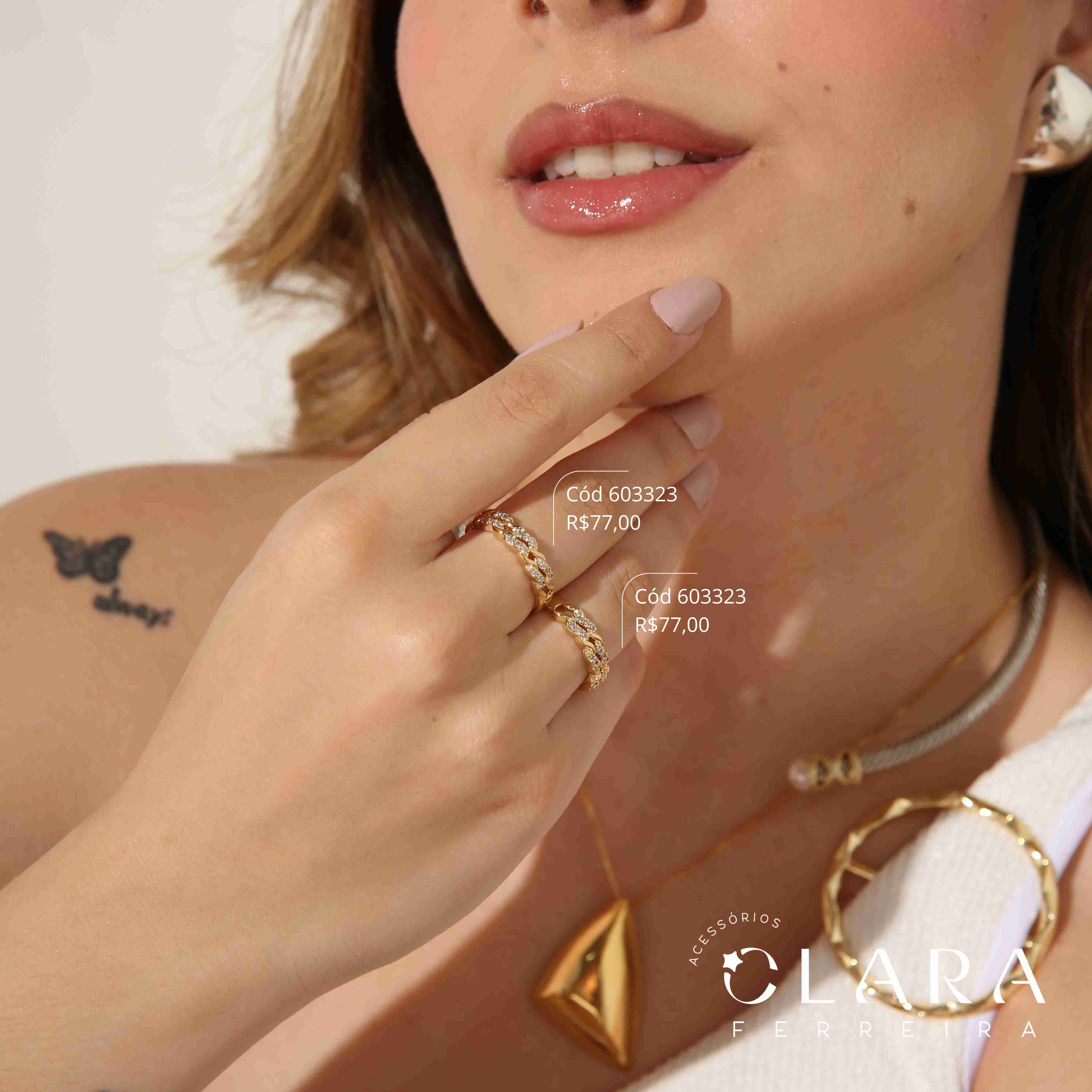 ANEL 2 FIOS BARRINHAS TORCIDAS MICROZIRCÔNIAS E LISAS INTERCALADAS - Dourado