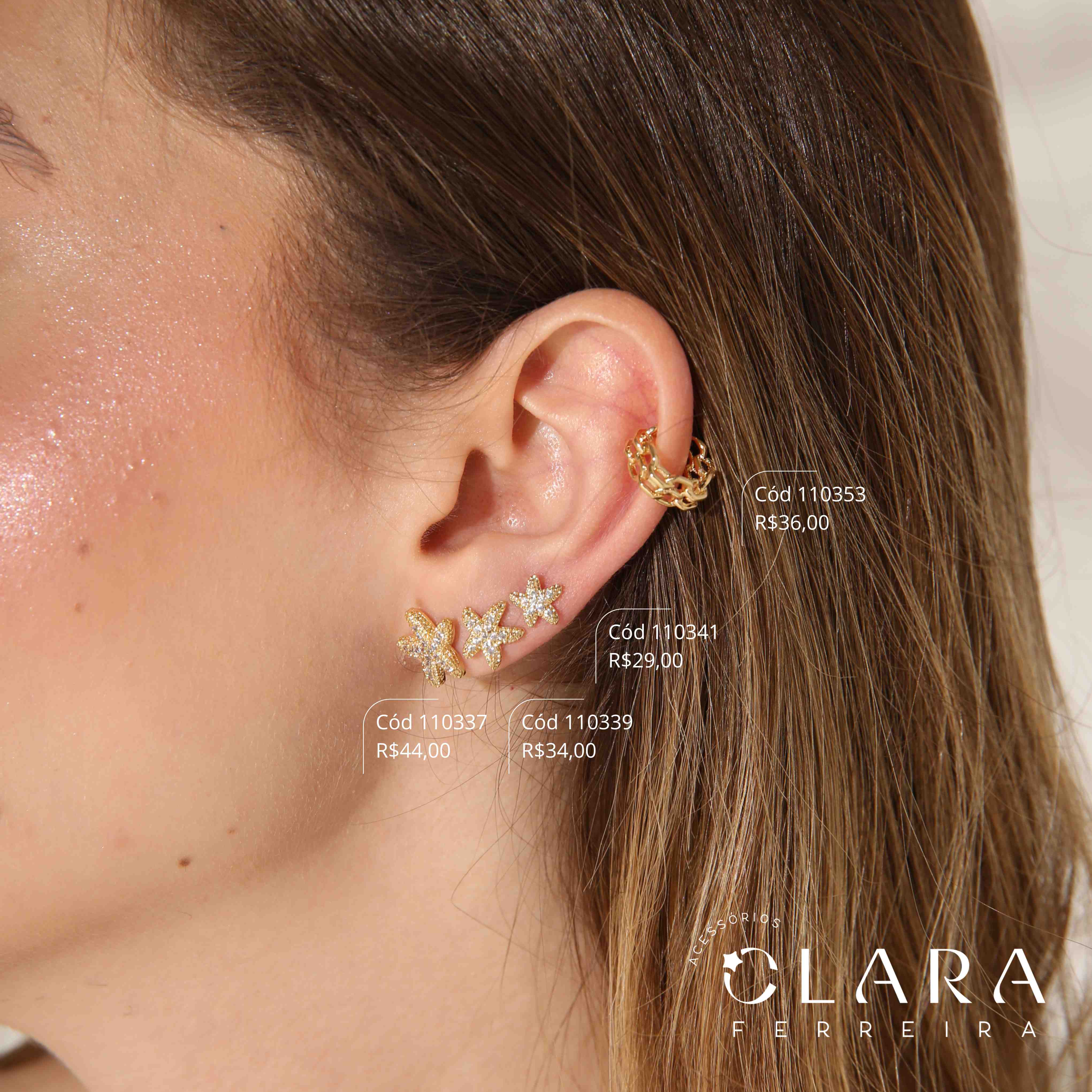 BRINCO ESTRELA DO MAR MICROZIRCÔNIAS - 11MM - Dourado