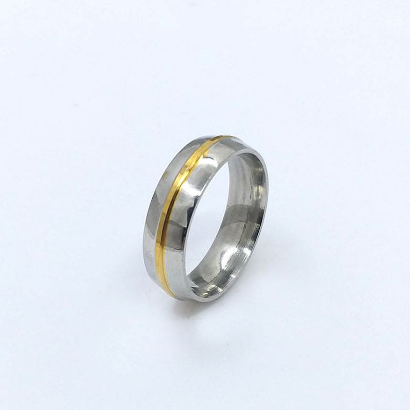ANEL ALIANÇA AÇO INOX ANATÔMICA ABAULADA 6MM C/ 1 FIO DOURADO - Número 32/33