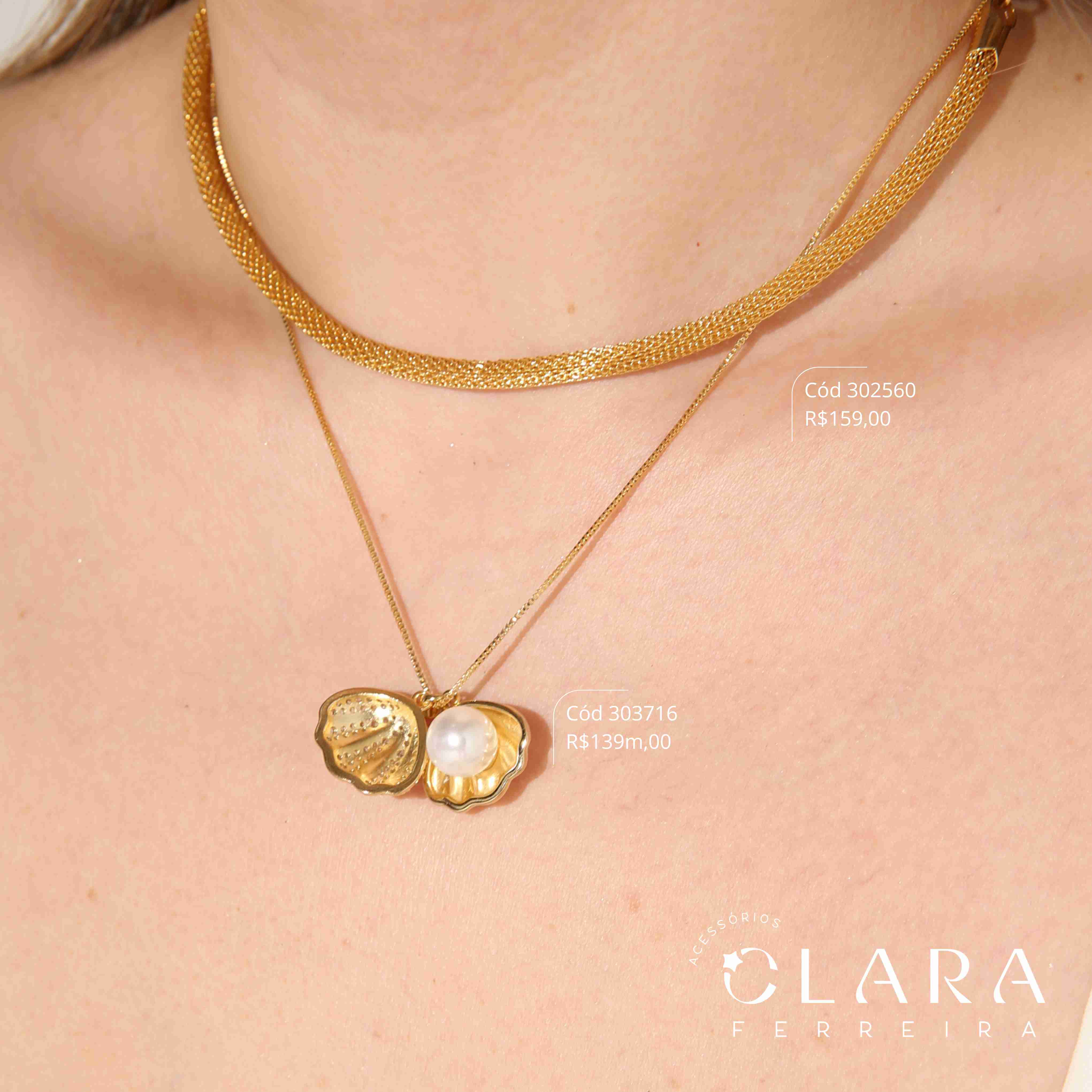 COLAR VENEZIANA C/ PINGENTE CONCHA DE MICROZIRCÔNIAS, C/ 1 PÉROLA 10MM DENTRO - EDIÇÃO LIMITADA - 18MM - 45CM - Dourado