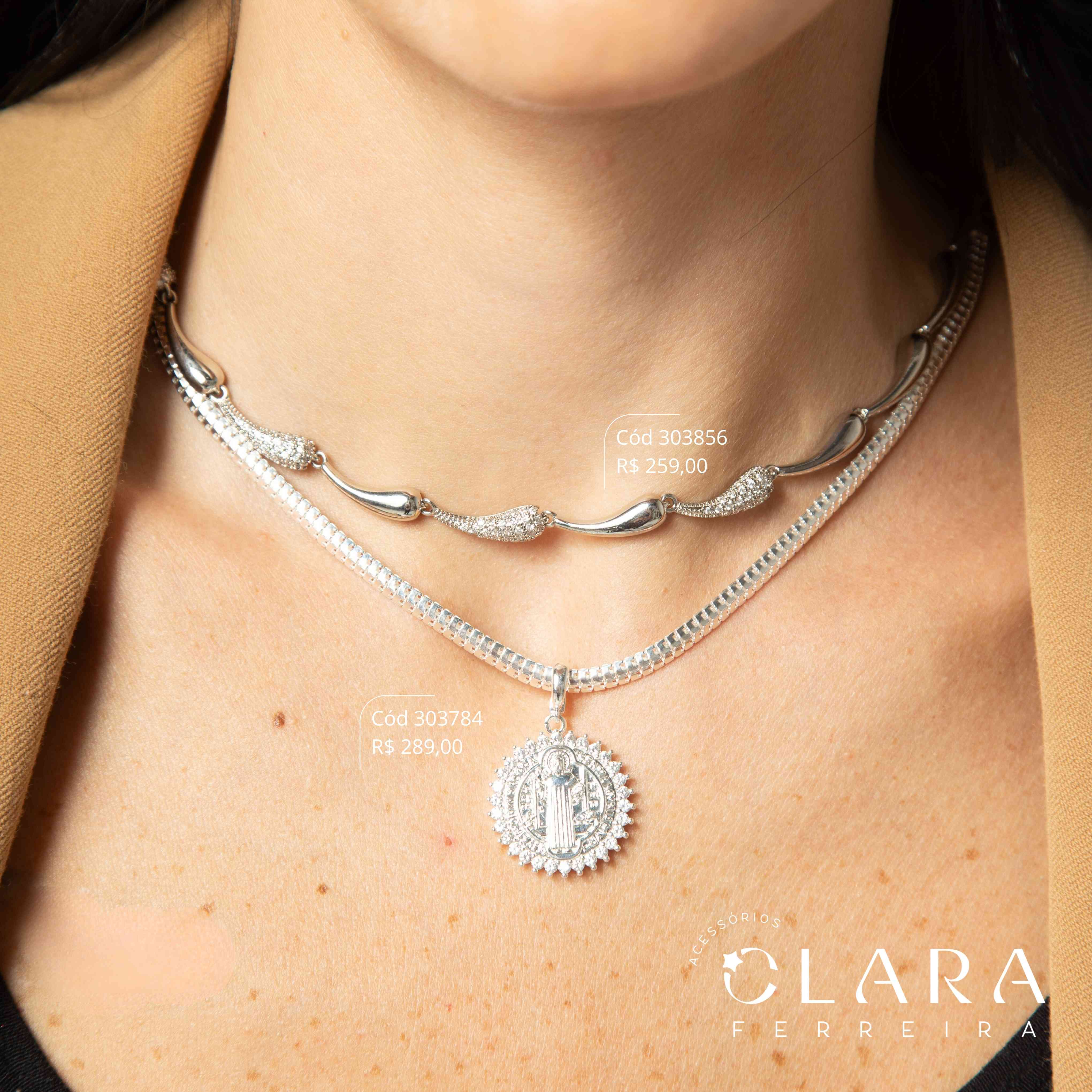 COLAR CHOKER MALHA COBRA C/ PINGENTE MEDALHA SÃO BENTO ADORNADO MICROZIRCONIAS - 23MM - 40CM - Banho de Prata