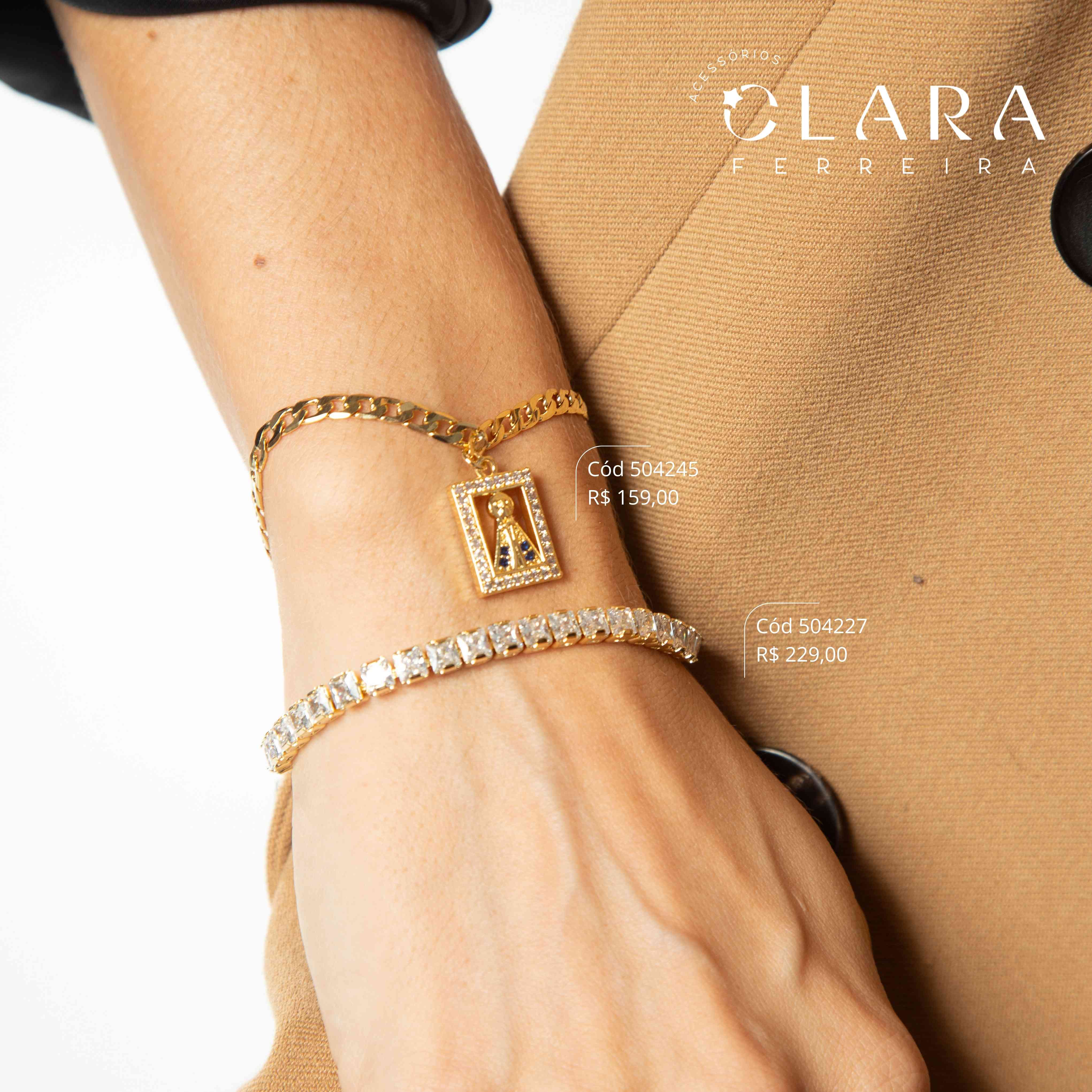 PULSEIRA GRUMET 1X1 C/ PINGENTE NOSSA SENHORA MANTO MICROZIRCÔNIAS ADORNADA MICROZIRCÔNIAS - 16MM - 17CM - Dourado