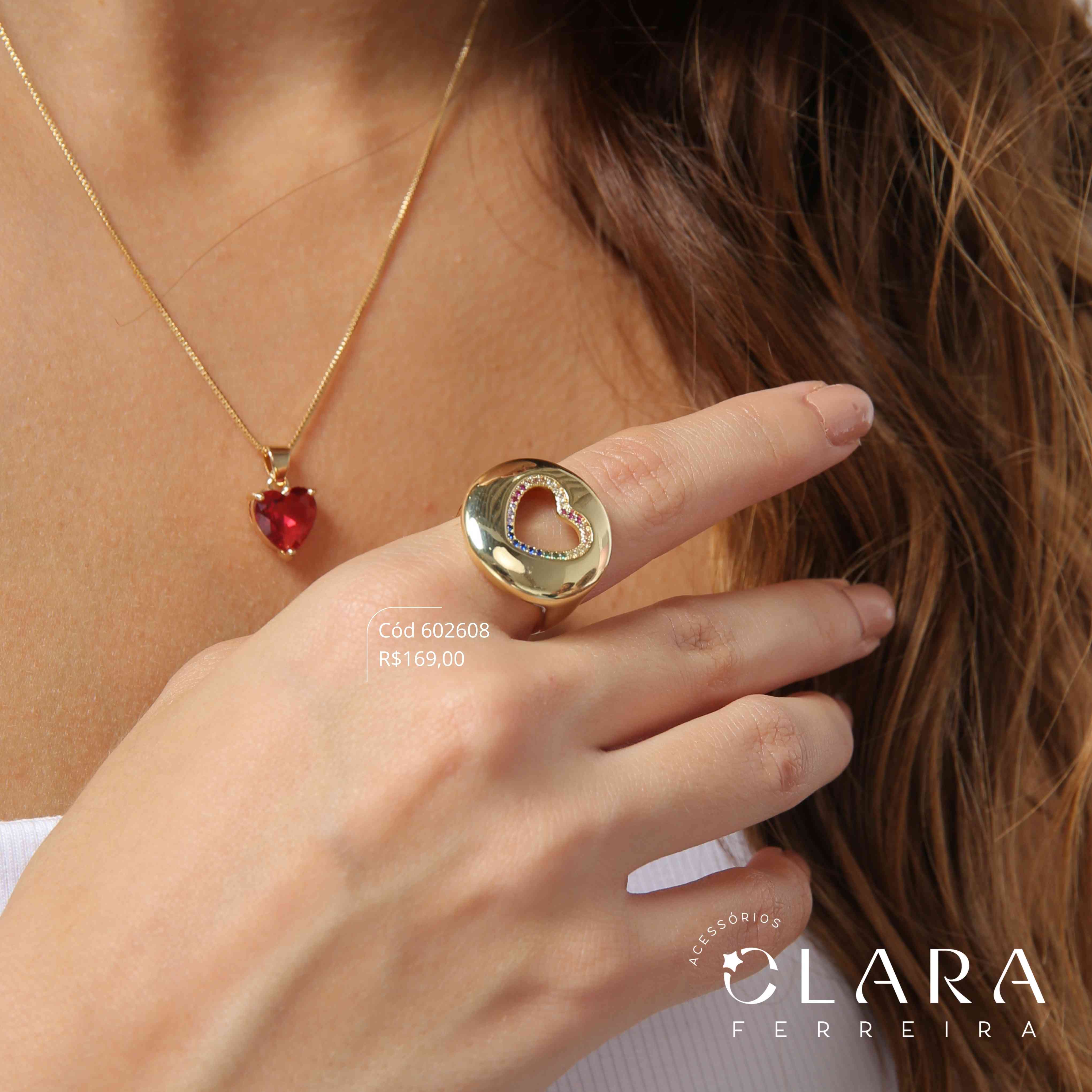 ANEL MAX BOTÃO C/ CORAÇÃO VAZADO ADORNADO MICROZIRCONIAS  - Dourado