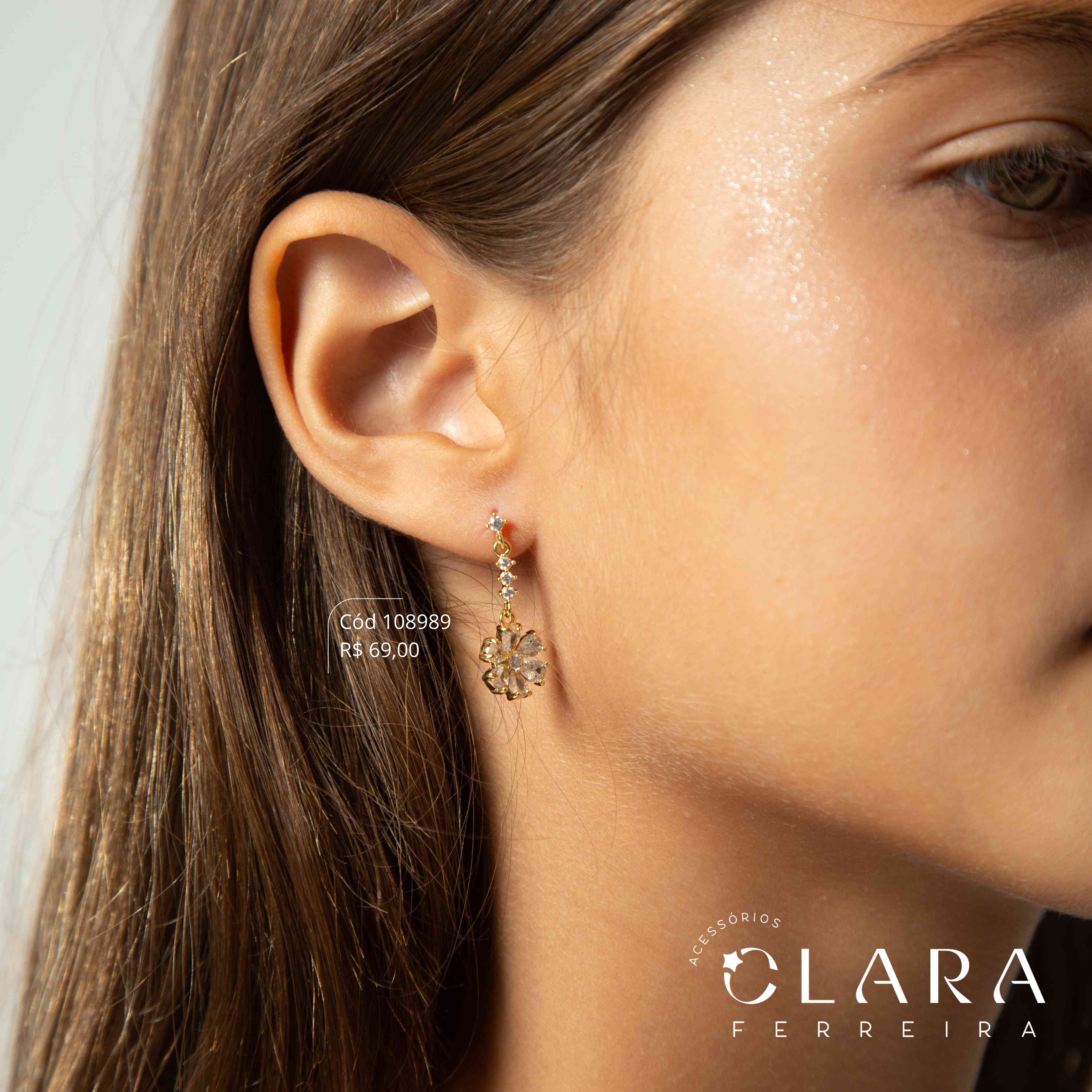 BRINCO FLOR PETALAS ZIRCONIAS GOTA PENDURADA FIO ZIRCONIAS REDONDAS - 10MM - Dourado