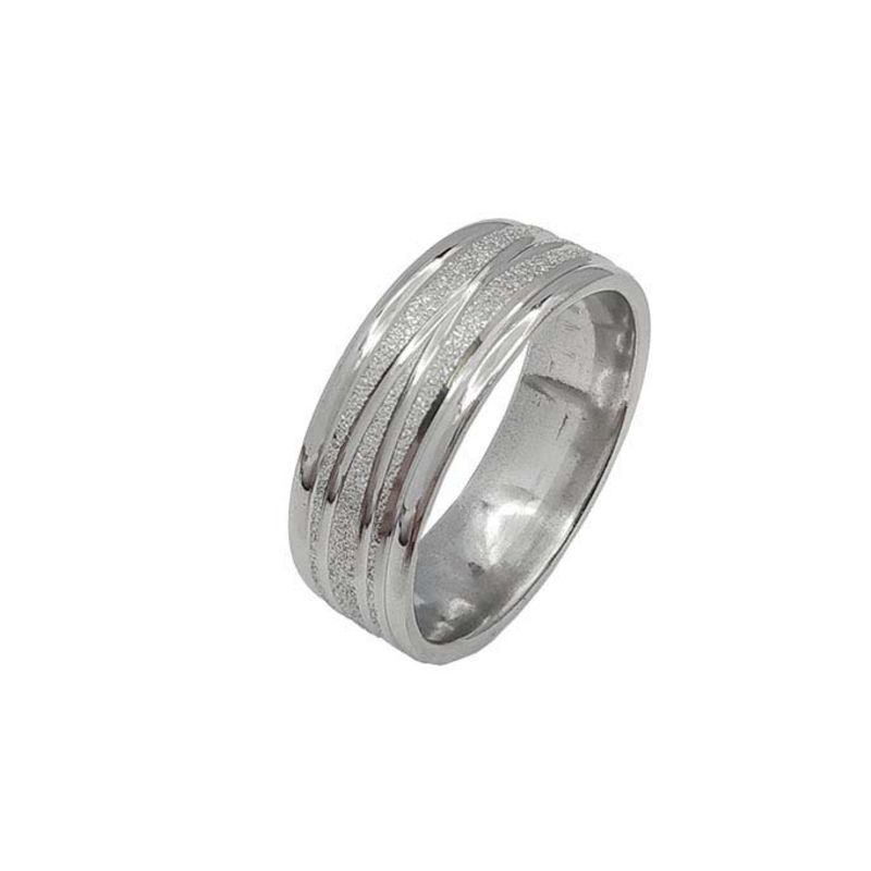 ANEL ALIANÇA AÇO INOX ANATÔMICA ABAULADA 8MM C/ JATEADO BRILHANTE E 2 FIOS LISOS CRUZADOS- Número 30/31