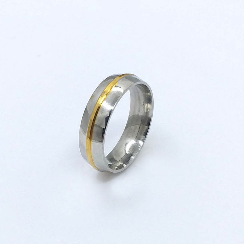 ANEL ALIANÇA AÇO INOX ANATÔMICA ABAULADA 6MM C/ 1 FIO DOURADO - Número 26/27