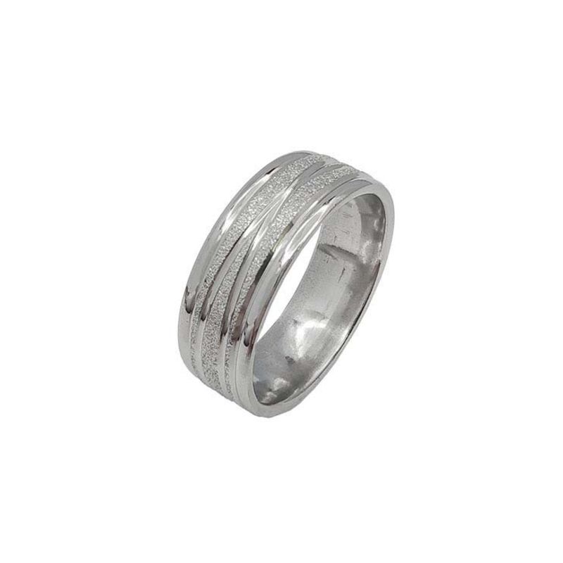 ANEL ALIANÇA AÇO INOX ANATÔMICA ABAULADA 8MM C/ JATEADO BRILHANTE E 2 FIOS LISOS CRUZADOS - Número 24/25