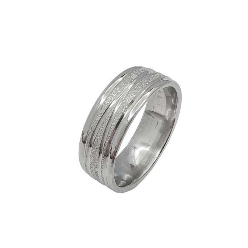 ANEL ALIANÇA AÇO INOX ANATÔMICA ABAULADA 8MM C/ JATEADO BRILHANTE E 2 FIOS LISOS CRUZADOS - Número 12/13
