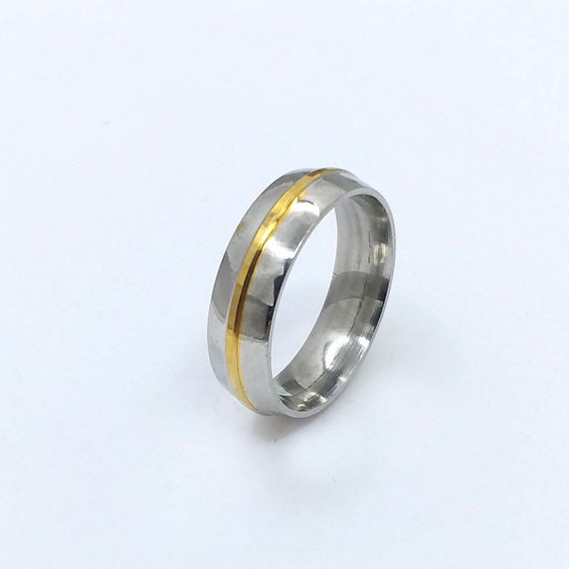 ANEL ALIANÇA AÇO INOX ANATÔMICA ABAULADA 6MM C/ 1 FIO DOURADO - Número 24/25