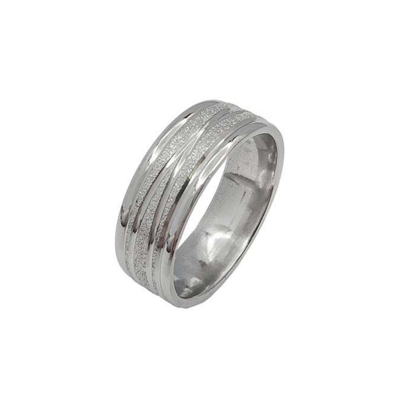 ANEL ALIANÇA AÇO INOX ANATÔMICA ABAULADA 8MM C/ JATEADO BRILHANTE E 2 FIOS LISOS CRUZADOS - Número 22/23