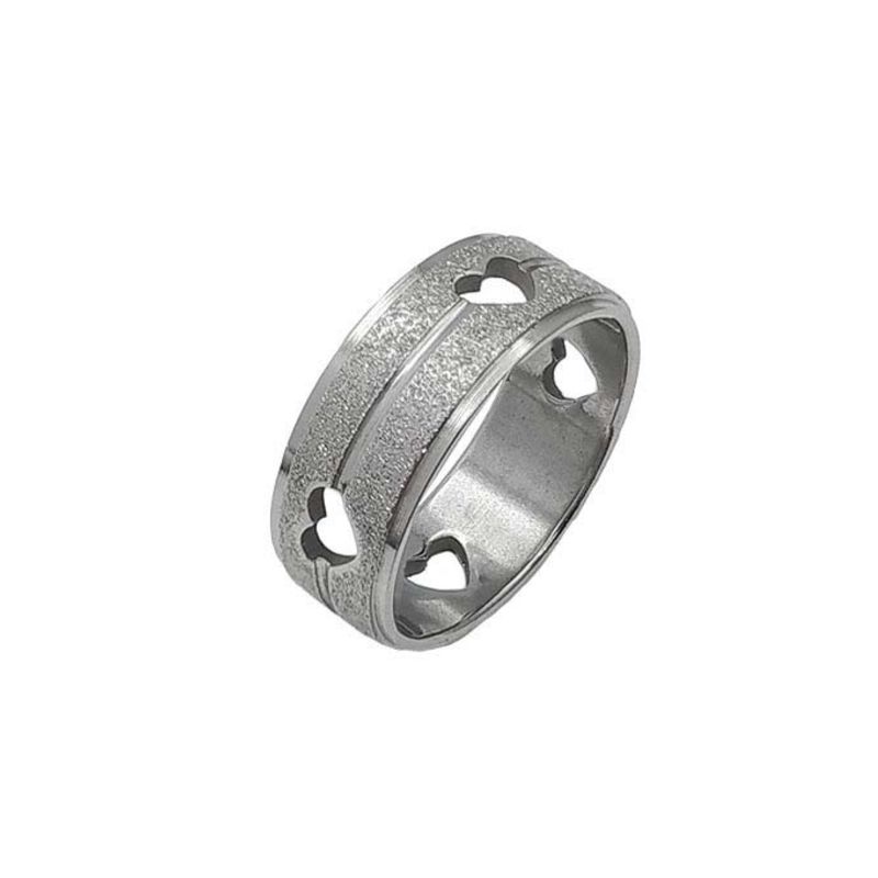 ANEL ALIANÇA AÇO INOX ANATÔMICA RETA 8MM C/ JATEADO BRILHANTE E CORAÇÕES VAZADOS - Número 28/29