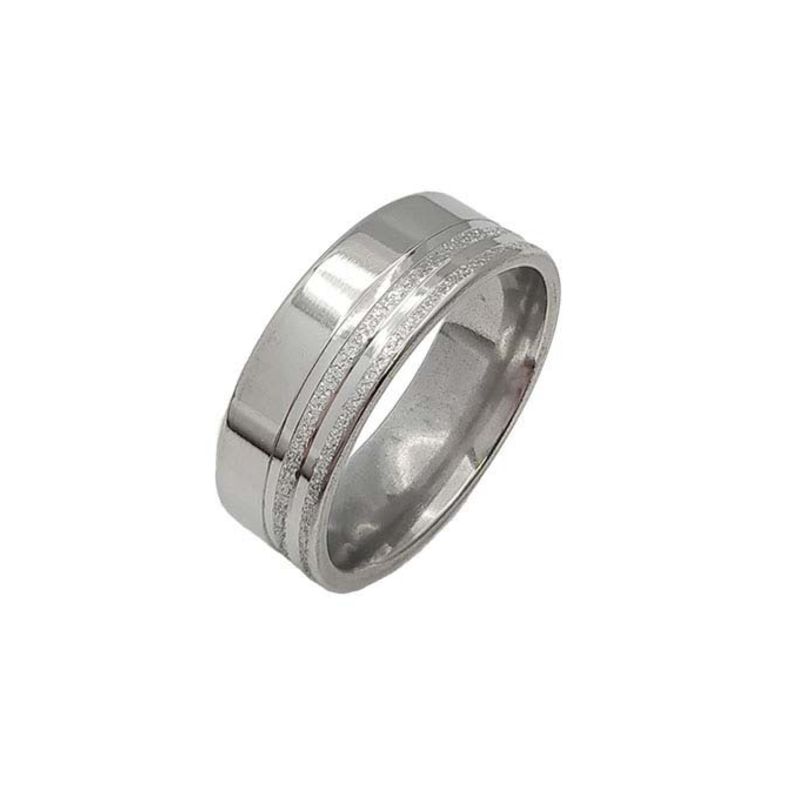 ANEL ALIANÇA AÇO INOX ANATÔMICA RETA LISA 8MM C/ 2 FIOS JATEADOS BRILHANTES - Número 14/15