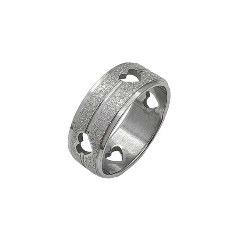 ANEL ALIANÇA AÇO INOX ANATÔMICA RETA 8MM C/ JATEADO BRILHANTE E CORAÇÕES VAZADOS - Número 32/33