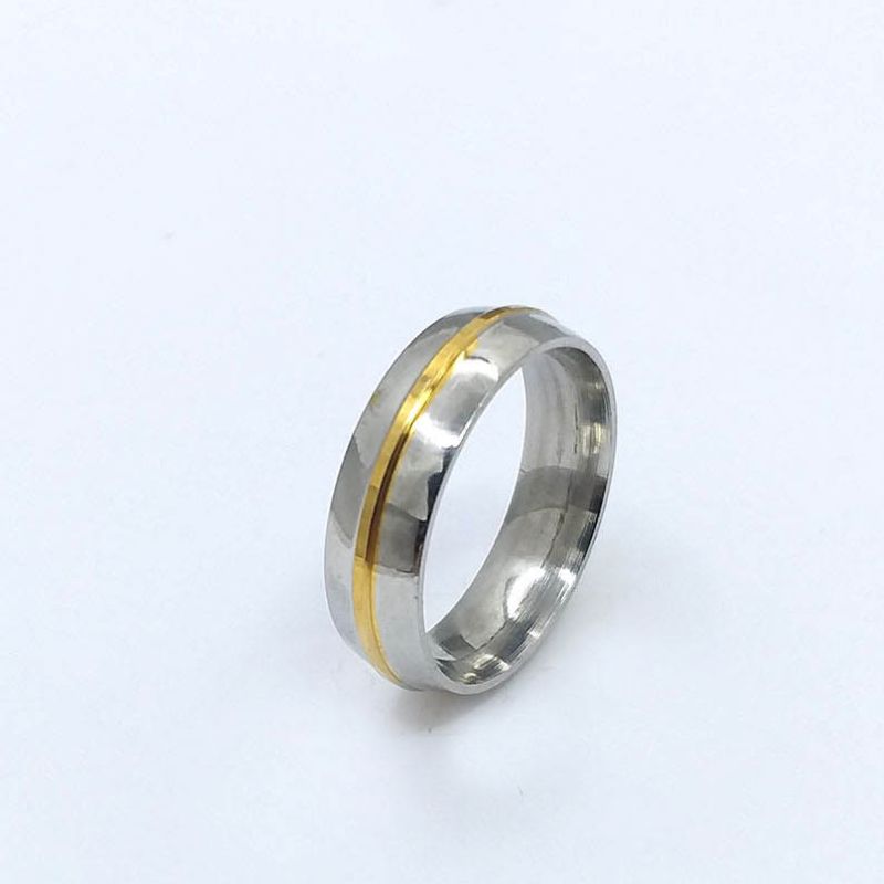 ANEL ALIANÇA AÇO INOX ANATÔMICA ABAULADA 6MM C/ 1 FIO DOURADO - Número 16/17