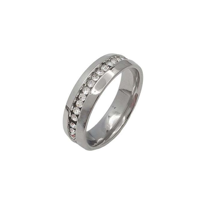 ANEL ALIANÇA AÇO INOX ANATÔMICA ABAULADA 6MM C/ 1 FILEIRA MICROZIRCONIAS - Número 24/25