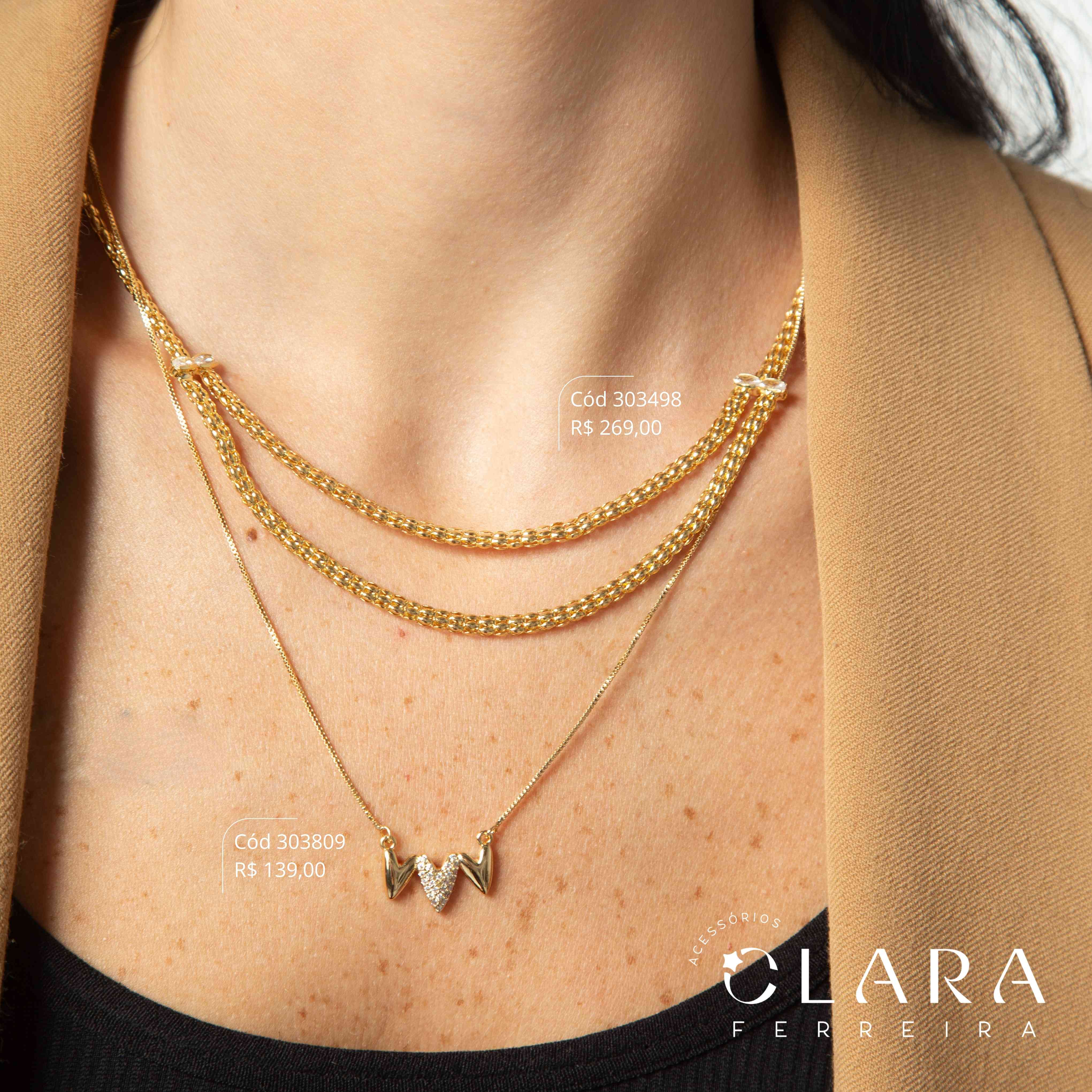 COLAR VENEZIANA C/ 3 CORAÇÕES: 2 LISOS 9MM E 1 MICROZIRCÔNIAS 10MM FIXOS - PEÇA VENDIDA - 45CM - Dourado