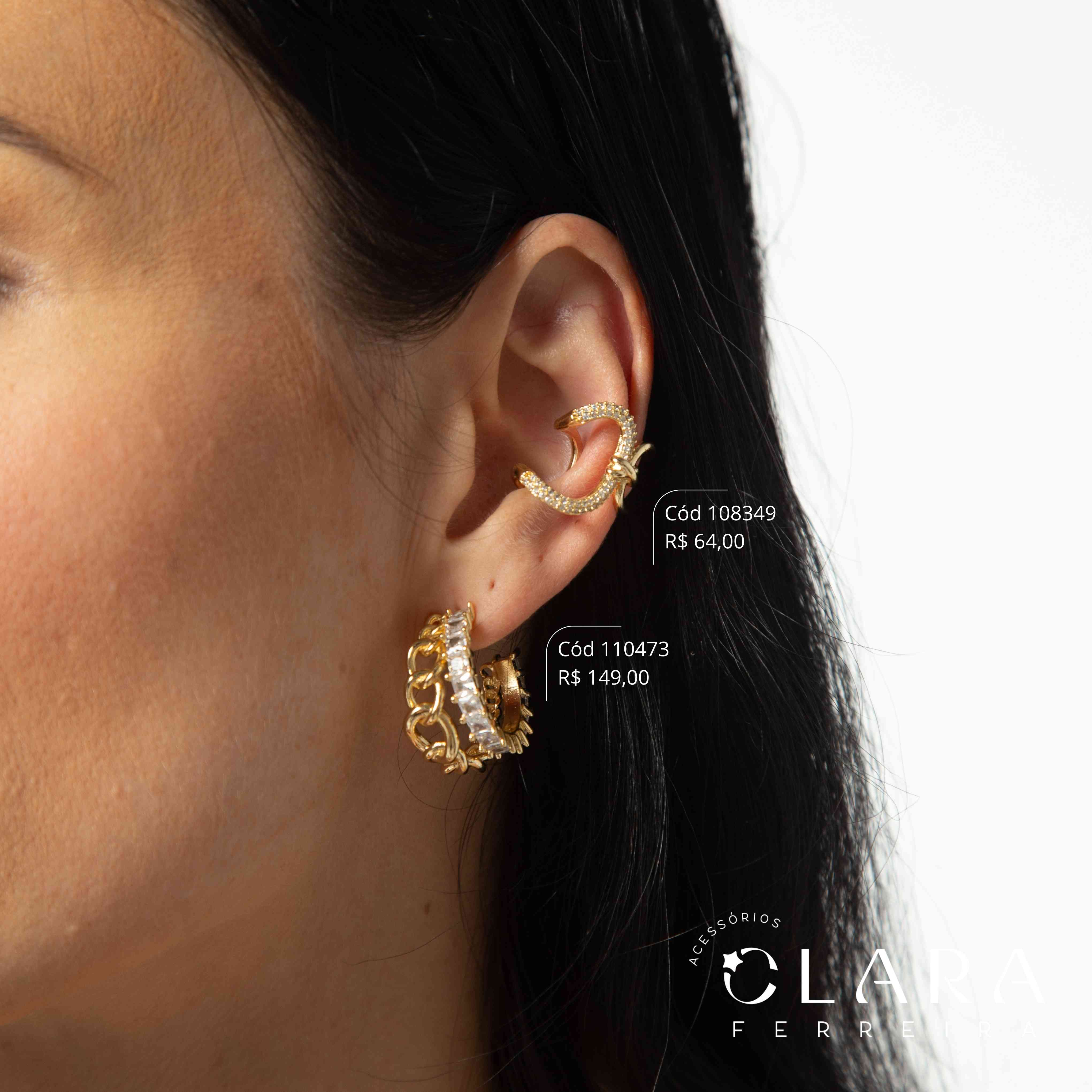 BRINCO ARGOLA 2 FIOS: 1 FIO ELOS GRUMET 1X1 LISOS E 1 FIO ZIRCÔNIAS QUADRADAS - 24MM - Dourado