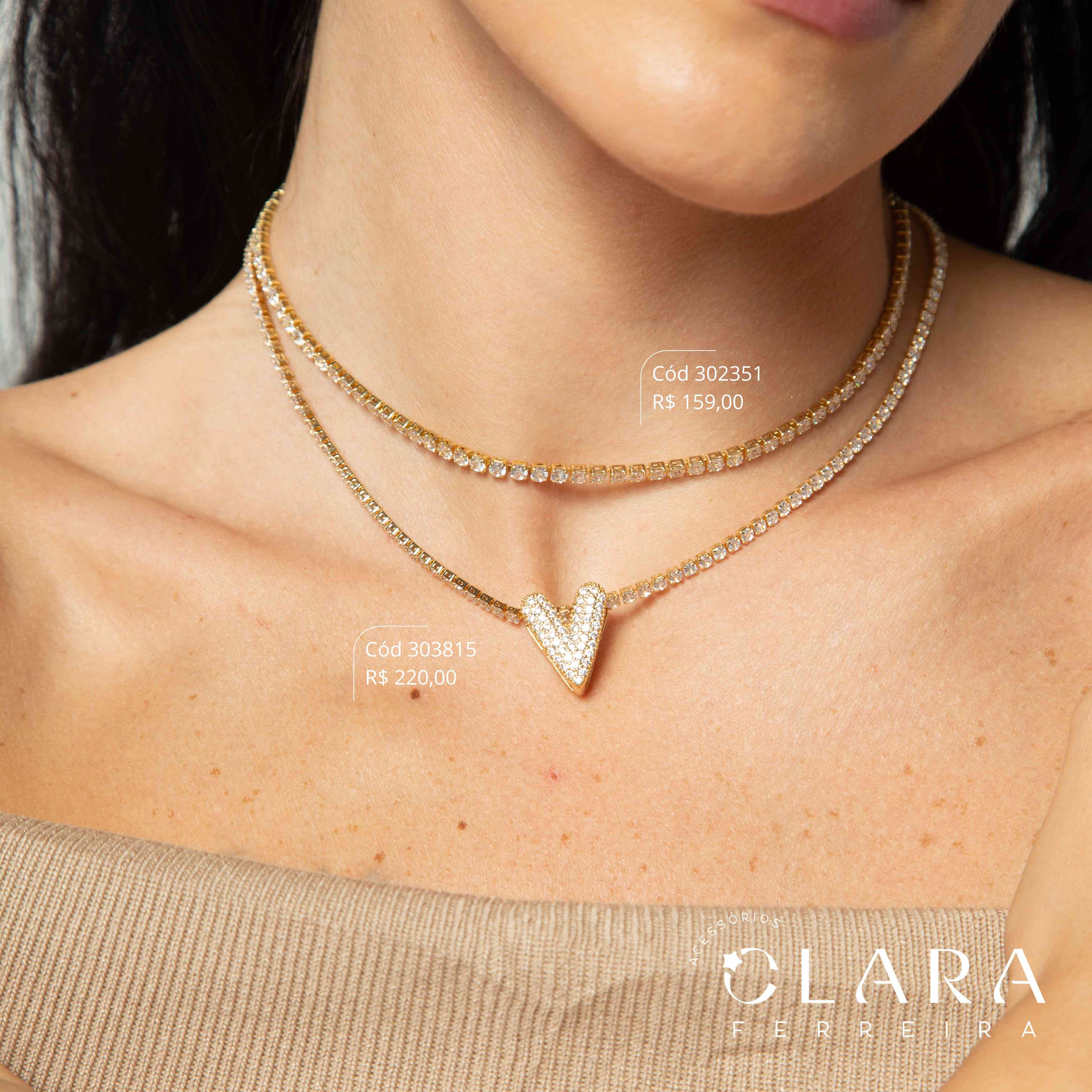 COLAR RIVIERA 2MM C/ PINGENTE CHUVEIRINHO CORAÇÃO MICROZIRCÔNIAS - PEÇA VENDIDA - 20MM - 45CM - Dourado