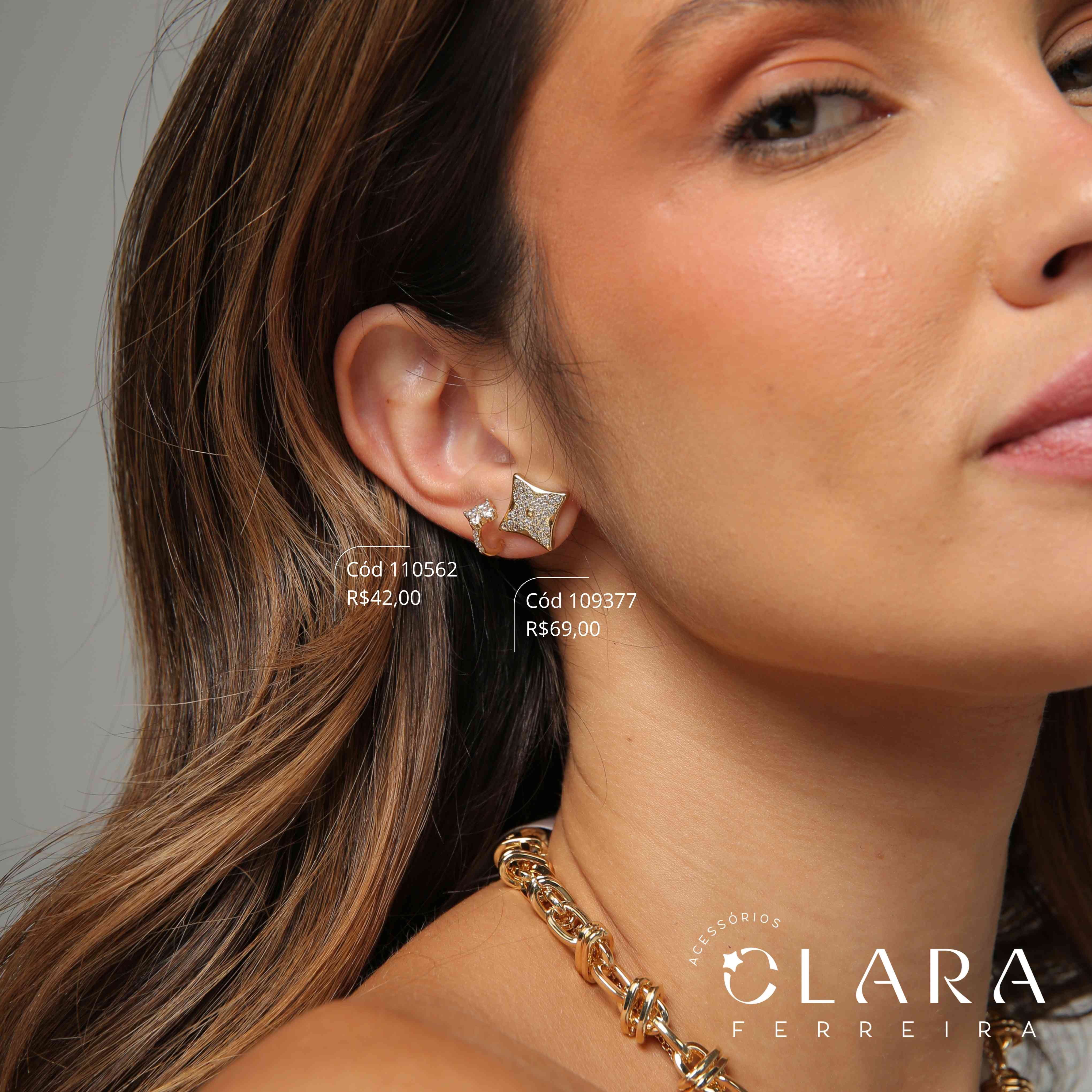 BRINCO SILHUETA C/ FLOR ZIRCÔNIA REDONDA - PEÇA VENDIDA - Dourado