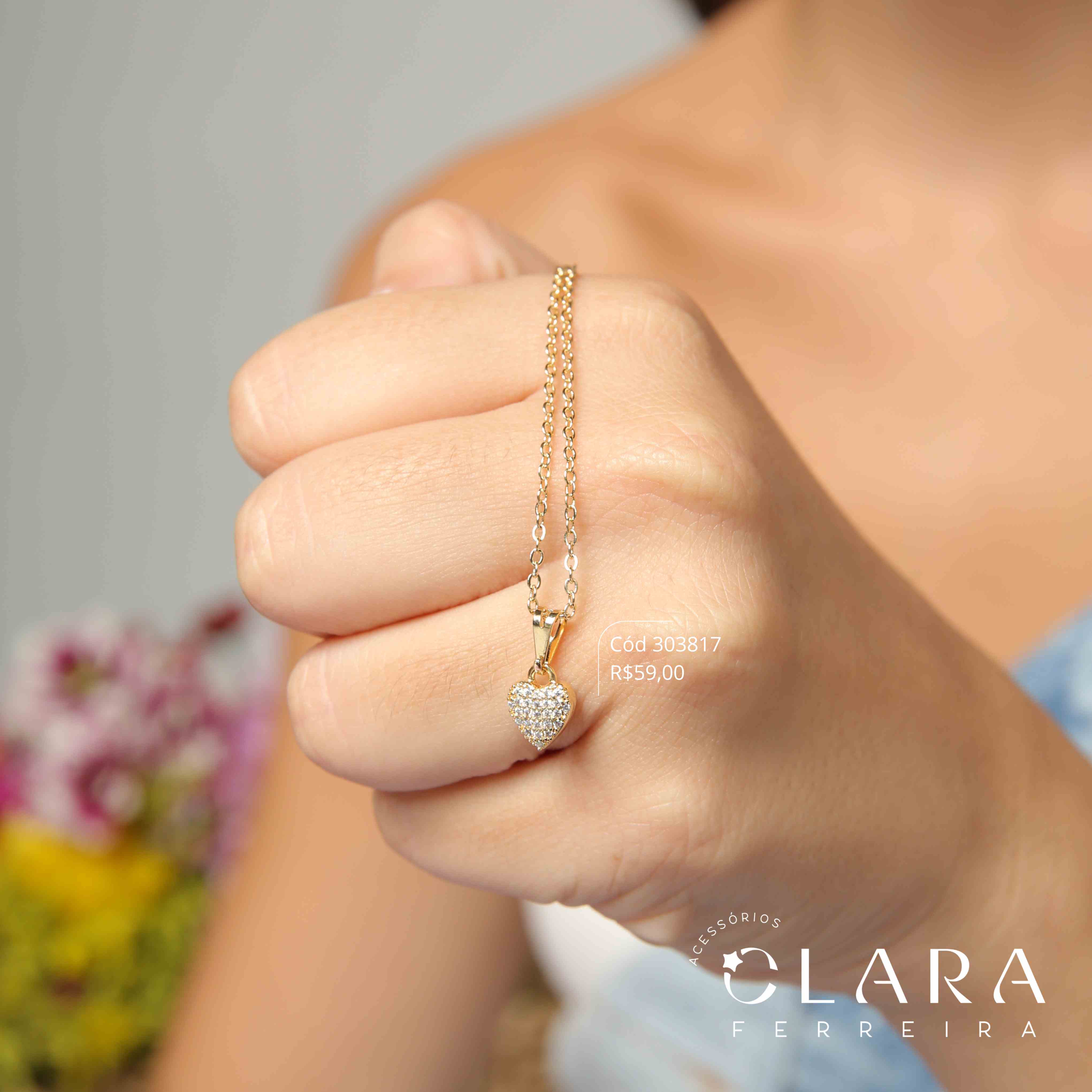 COLAR ELOS C/ PINGENTE CORAÇÃO MICROZIRCÔNIAS - 9MM - 45CM - Dourado