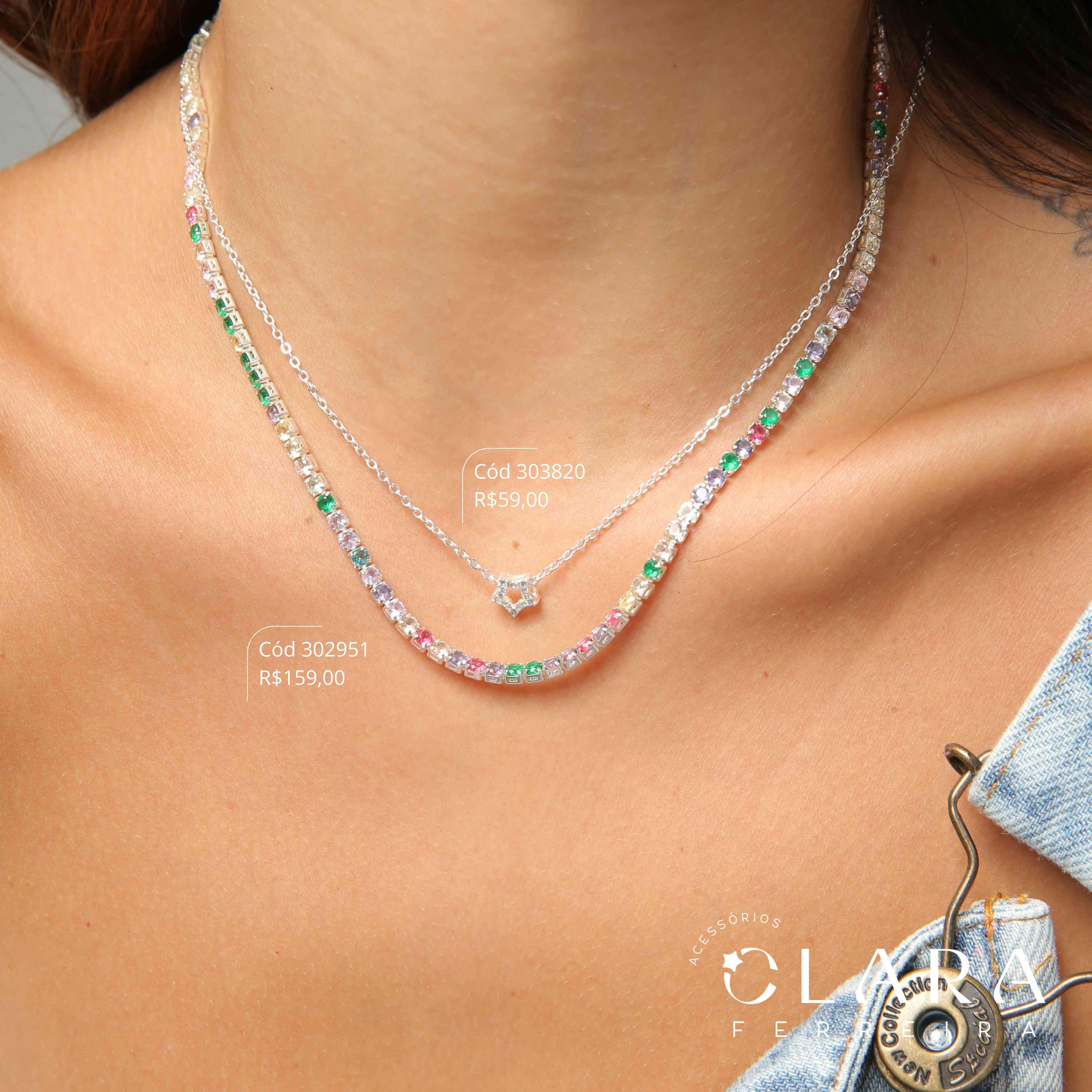 COLAR ELOS C/ PINGENTE ESTRELA MICROZIRCÔNIAS VAZADA - 7MM - 45CM - Banho de Prata