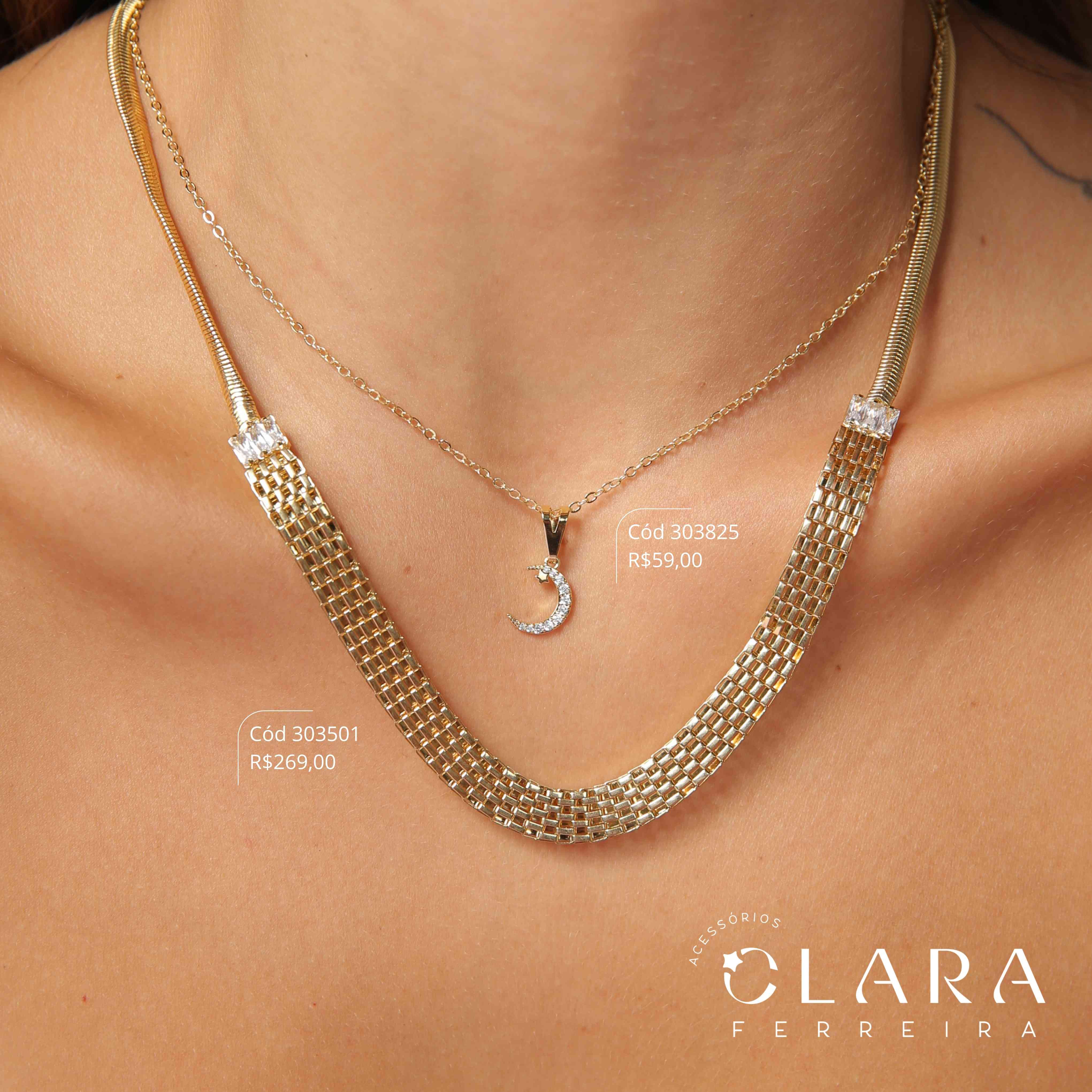 COLAR ELOS C/ PINGENTE LUA MICROZIRCÔNIAS E ESTRELA LISA - 12MM - 45CM - Dourado