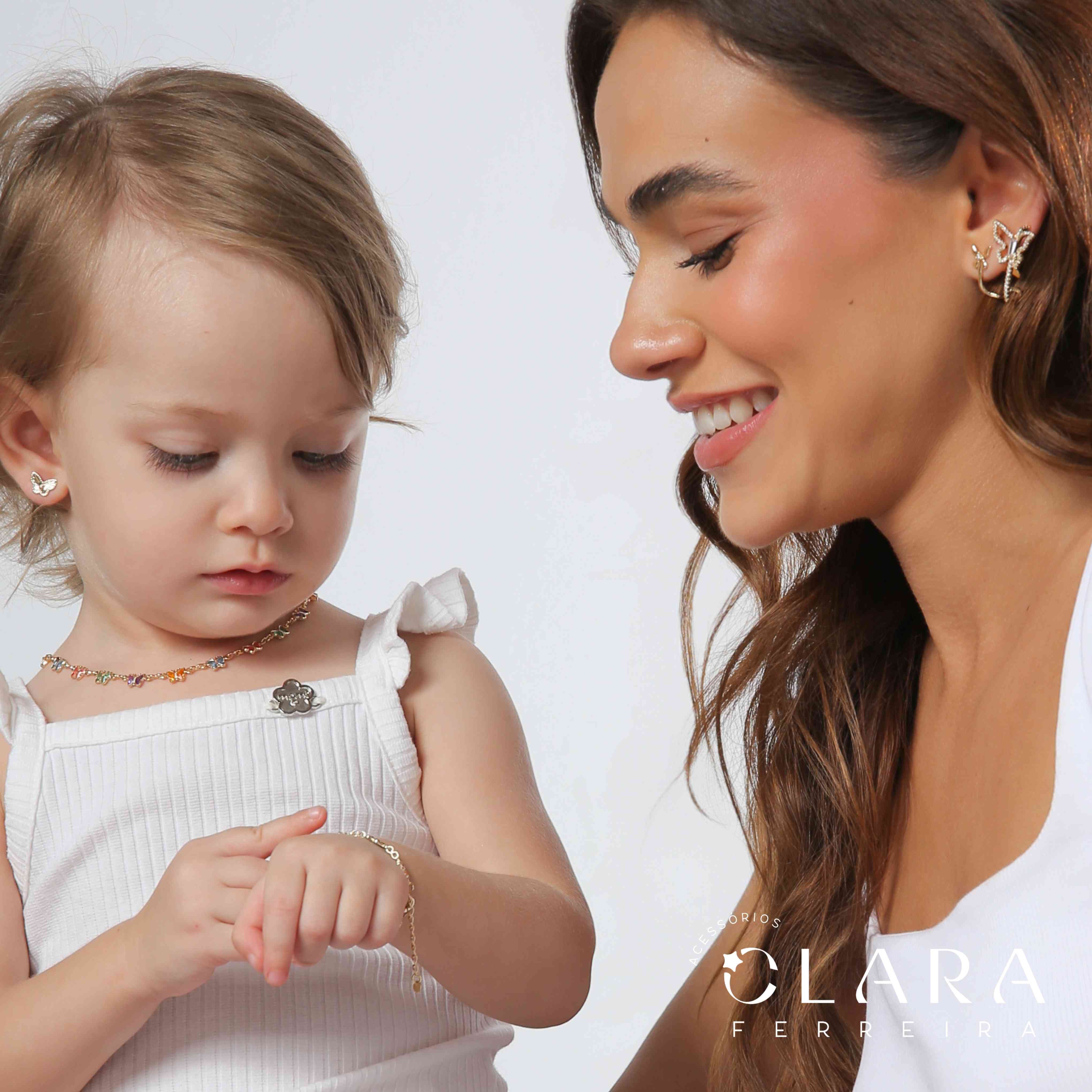 COLAR INFANTIL ELOS C/ 13 TIFFANYS BORBOLETAS COLORIDAS SALADINHA  FIXAS - 5MM - 40CM - Dourado