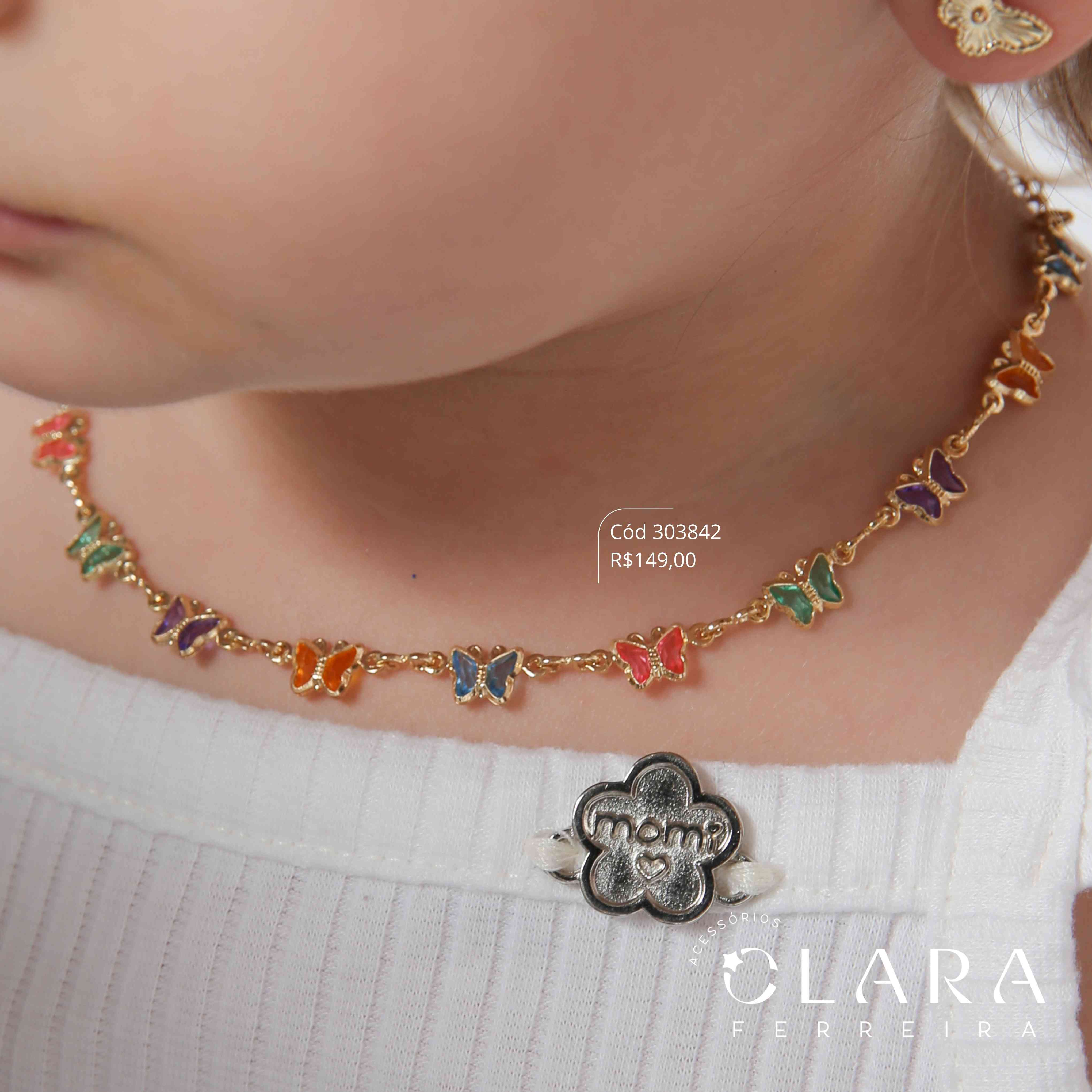 COLAR INFANTIL ELOS C/ 13 TIFFANYS BORBOLETAS COLORIDAS SALADINHA  FIXAS - 5MM - 40CM - Dourado