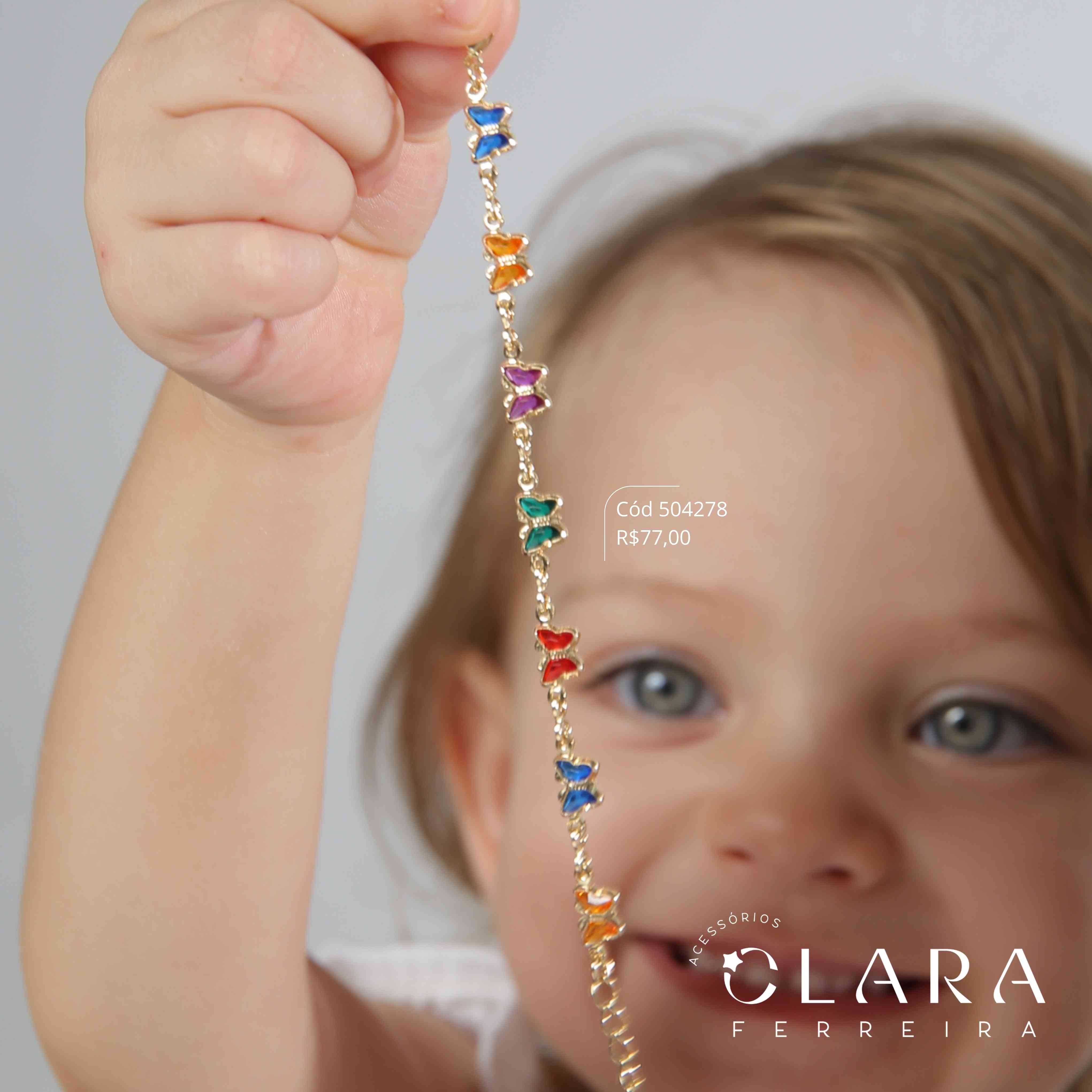 PULSEIRA INFANTIL C/ 7 TIFFANYS BORBOLETAS COLORIDAS SALADINHA  FIXAS - 6MM - 14CM - Dourado