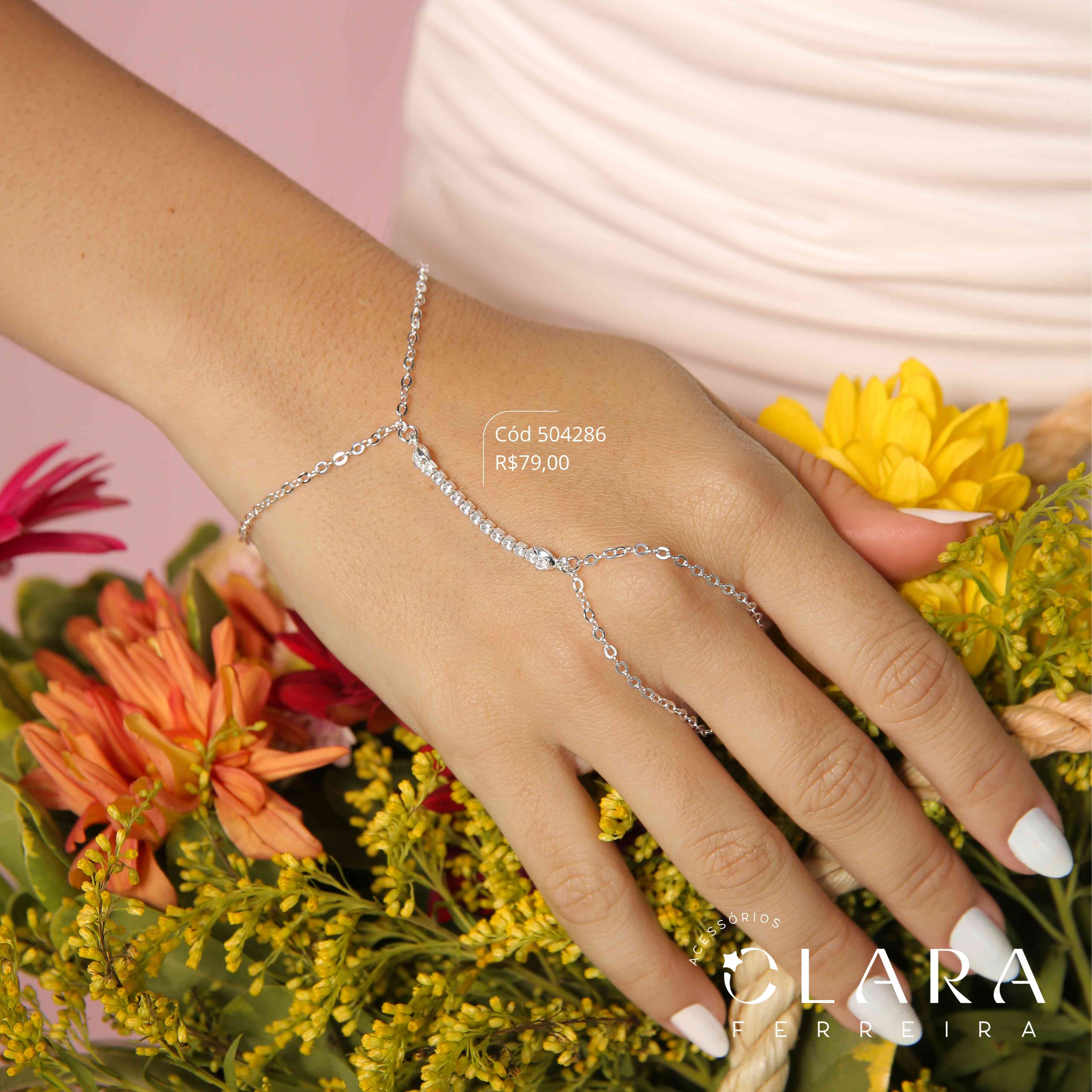 PULSEIRA HAND CHAIN ELOS C/ DETALHE RIVIERA  - PEÇA VENDIDA - Banho de Prata